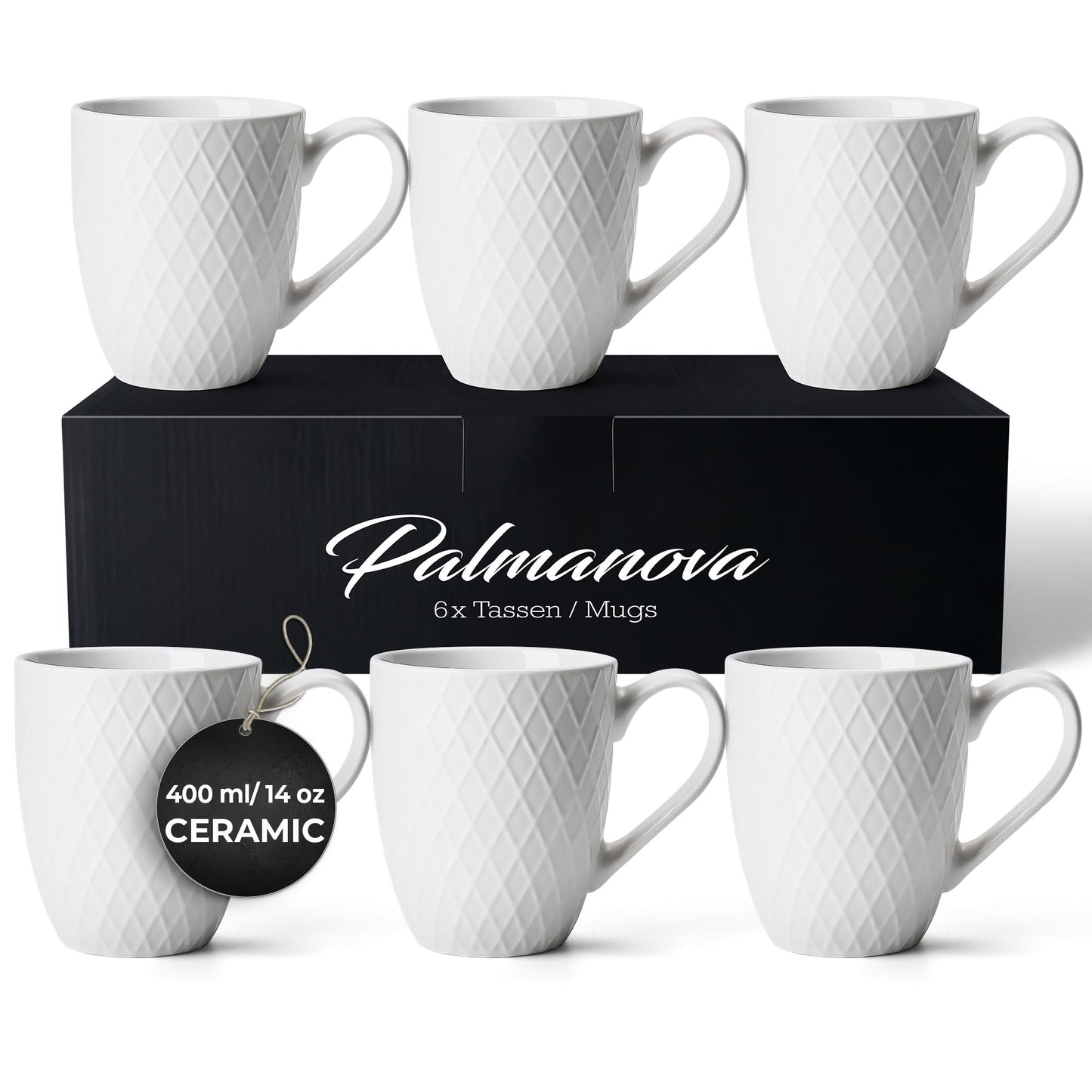MIAMIO 6-Pack Ceramic Coffee Mugs, 400 ml, White Matte Finish, Modern NEW