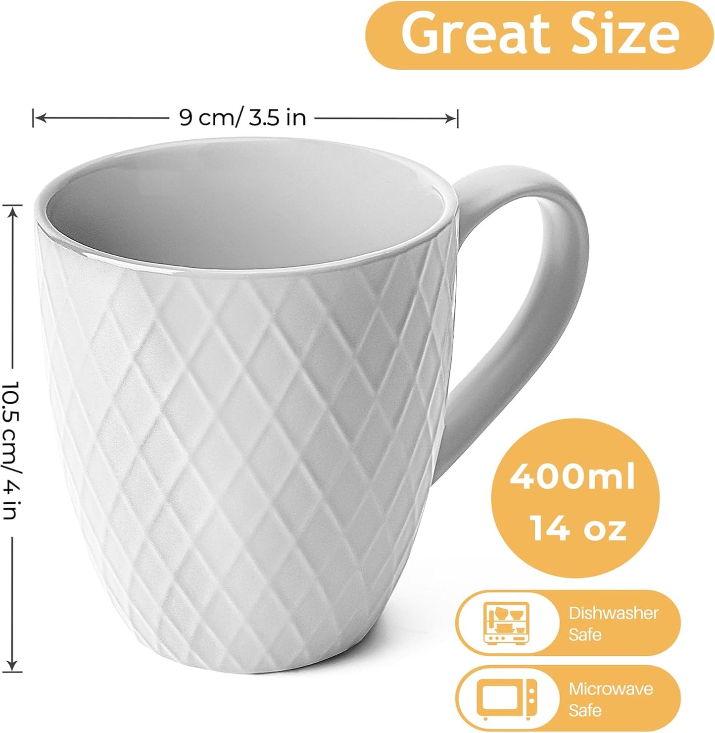 MIAMIO 6-Pack Ceramic Coffee Mugs, 400 ml, White Matte Finish, Modern NEW