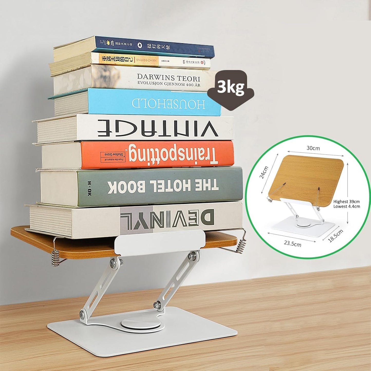 Adjustable Desktop Book Stand 360° Swivel Foldable Reading Brown & White NEW