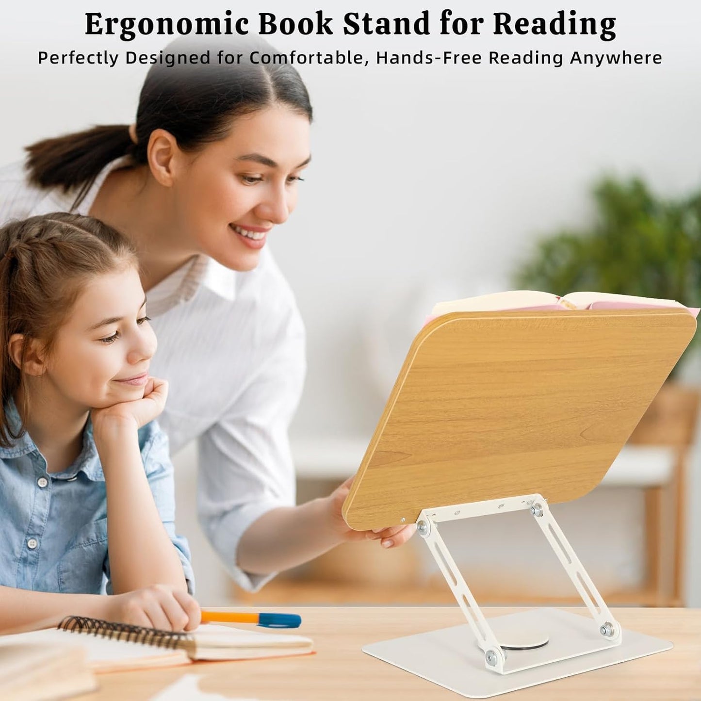 Adjustable Desktop Book Stand 360° Swivel Foldable Reading Brown & White NEW