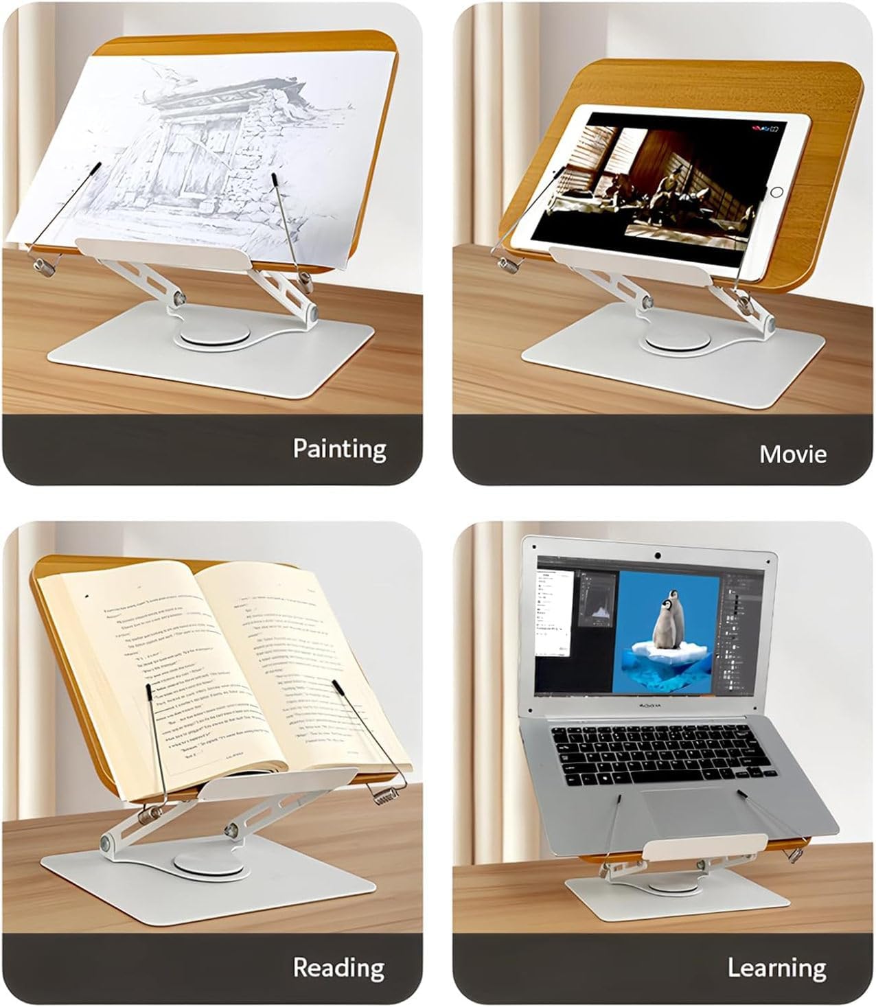 Adjustable Desktop Book Stand 360° Swivel Foldable Reading Brown & White NEW