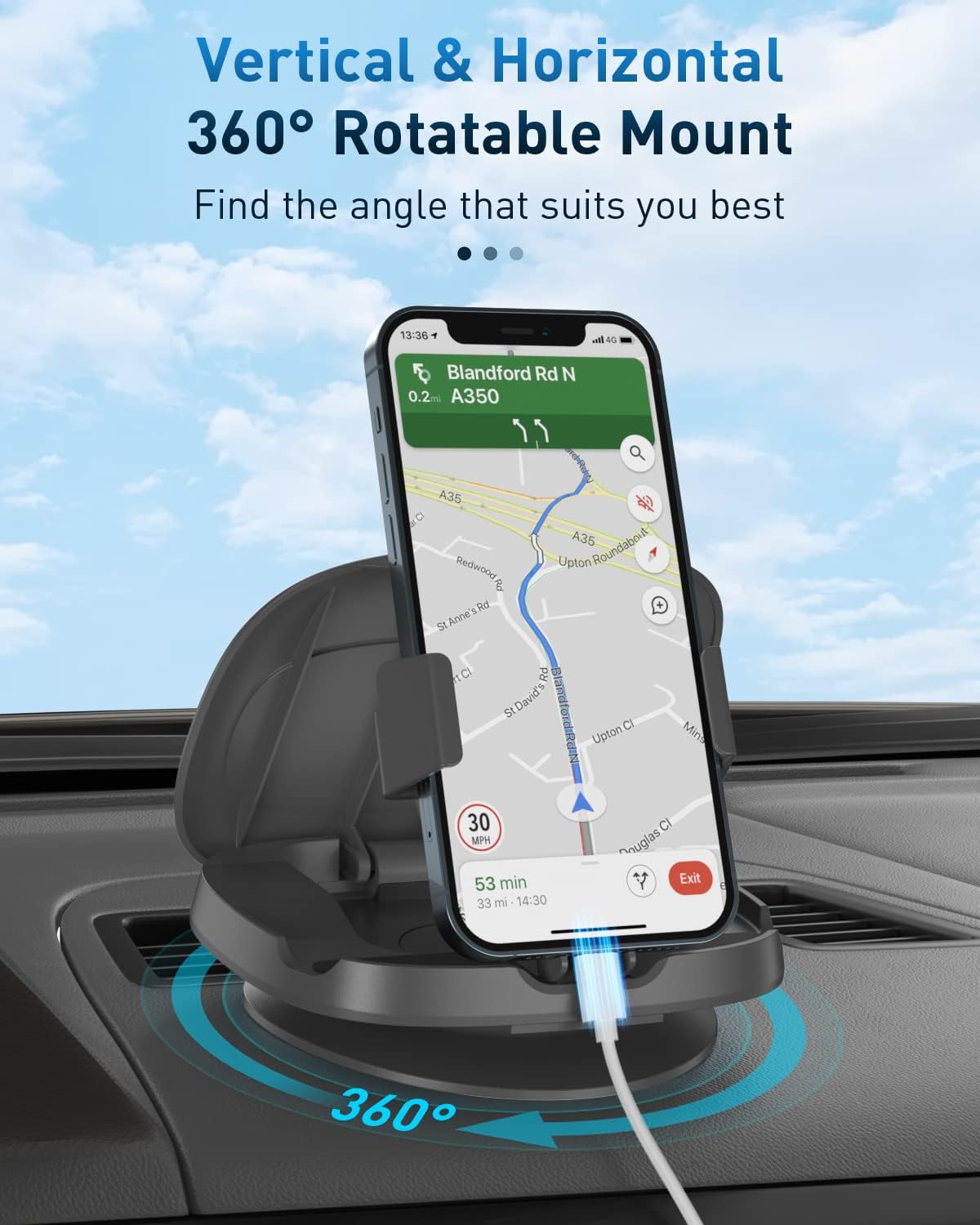 Versatile 360° Rotatable Gray Dash-Mounted Phone Holder for Horizontal & NEW