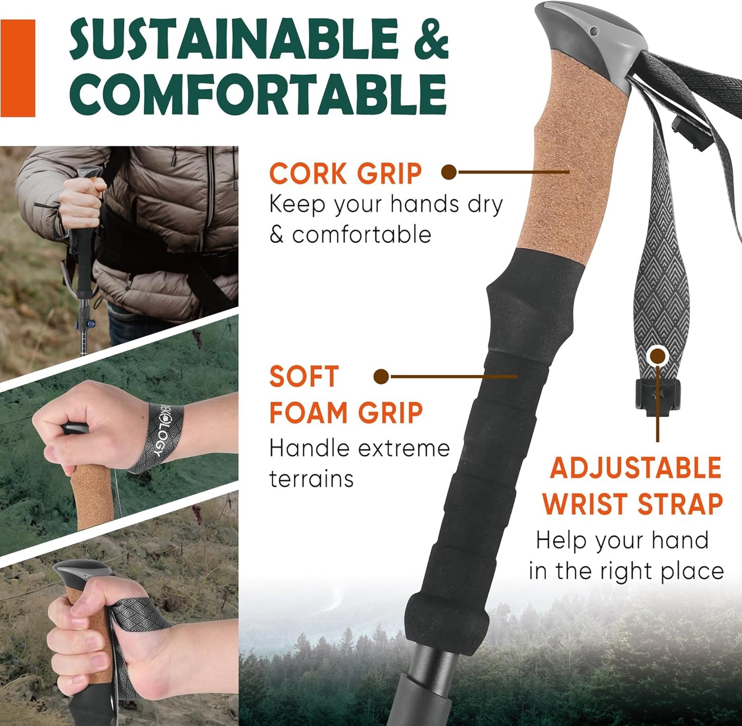 Trekology Collapsible Trekking Poles Lightweight Aluminum Cork Grip Size DEMO
