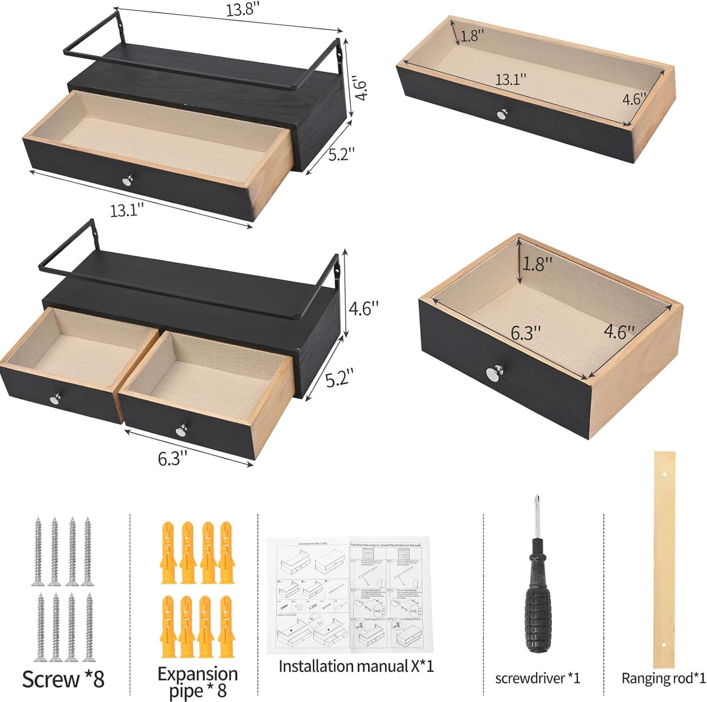 Rustic Floating Wall Shelves 36x14x21cm Black Wood Storage Organizer for DEMO