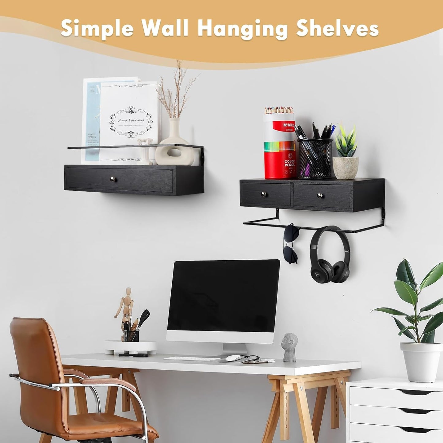Rustic Floating Wall Shelves 36x14x21cm Black Wood Storage Organizer for DEMO