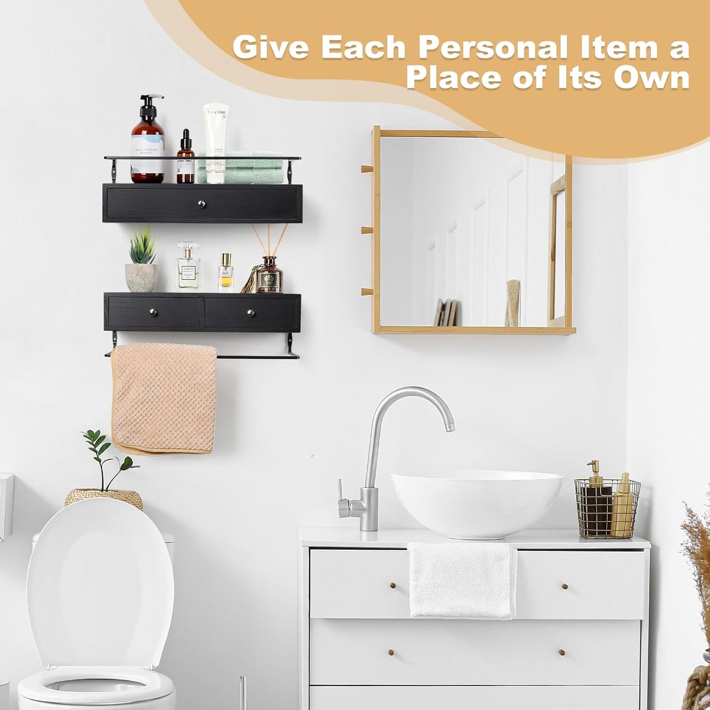 Rustic Floating Wall Shelves 36x14x21cm Black Wood Storage Organizer for DEMO