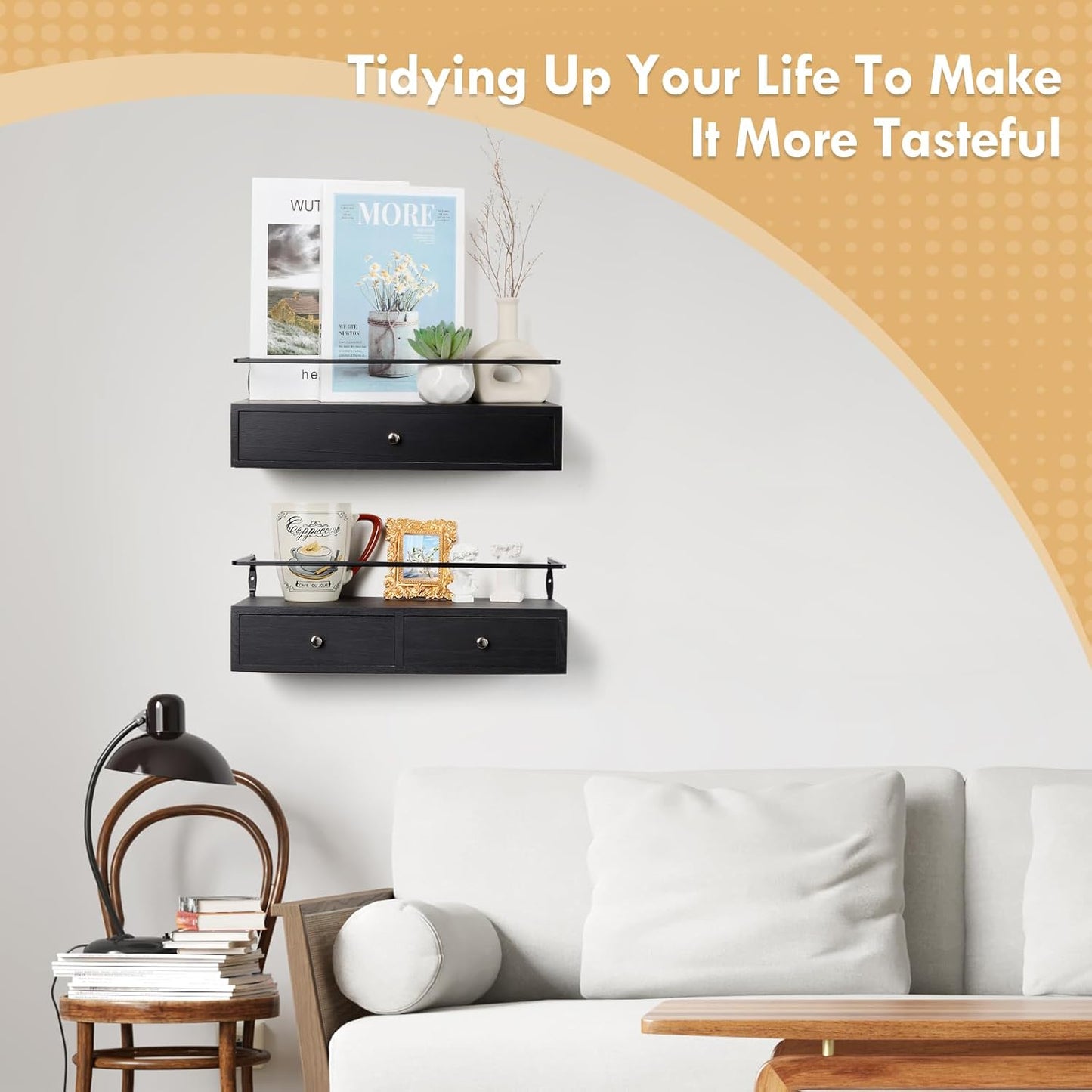 Rustic Floating Wall Shelves 36x14x21cm Black Wood Storage Organizer for DEMO