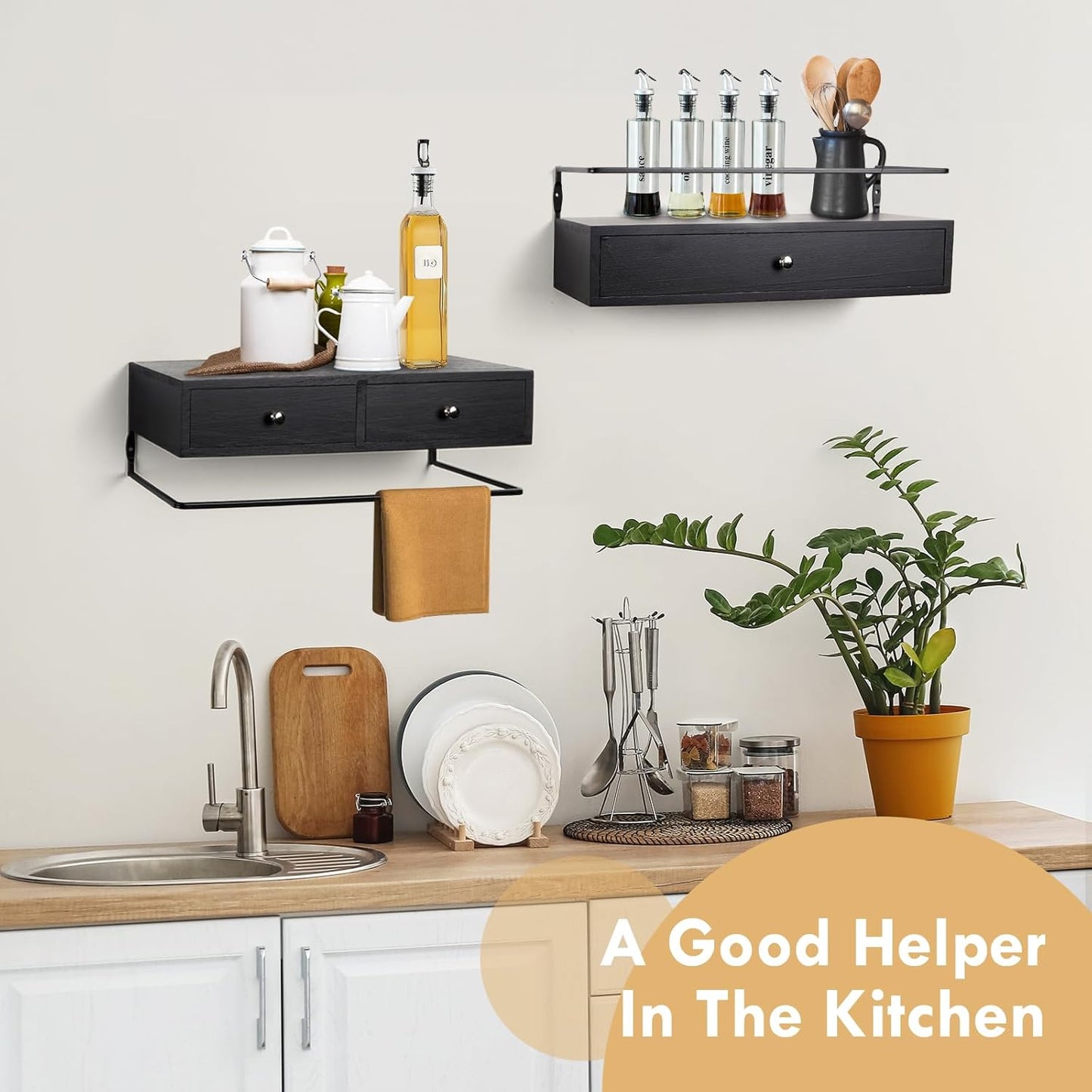 Rustic Floating Wall Shelves 36x14x21cm Black Wood Storage Organizer for DEMO