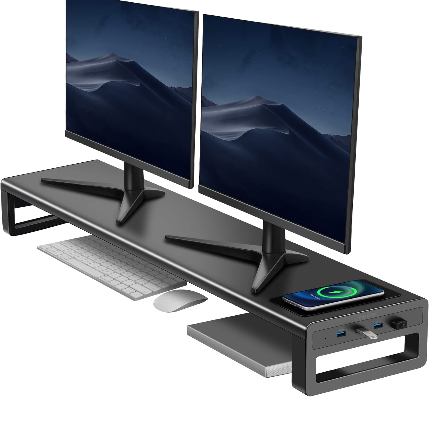 Dual Monitor Stand with Wireless Charger and 4 USB Ports Aluminum Black NEW