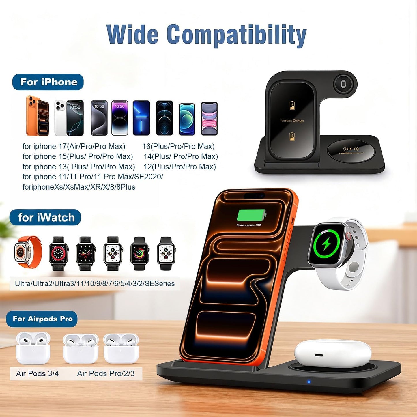3-in-1 Wireless Charging Station for Apple Watch, iPhone, AirPods Black NEW