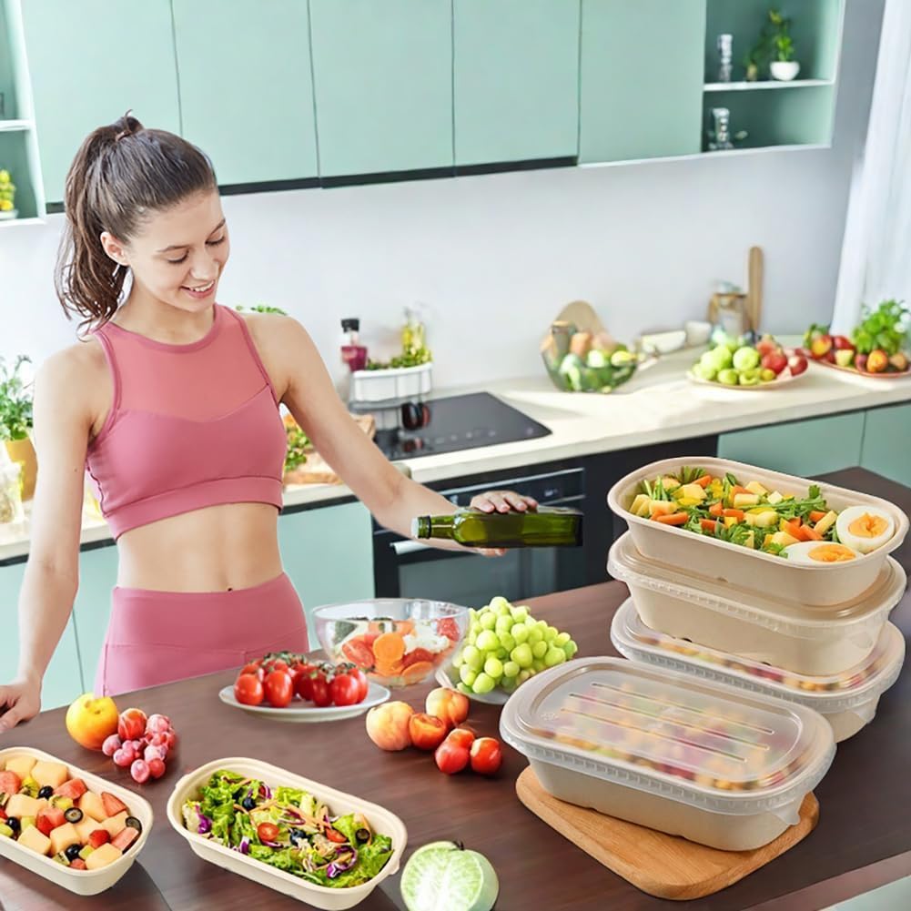 Disposable Meal Prep Containers with Lids - Rectangular Paper Bowls in Brown NEW