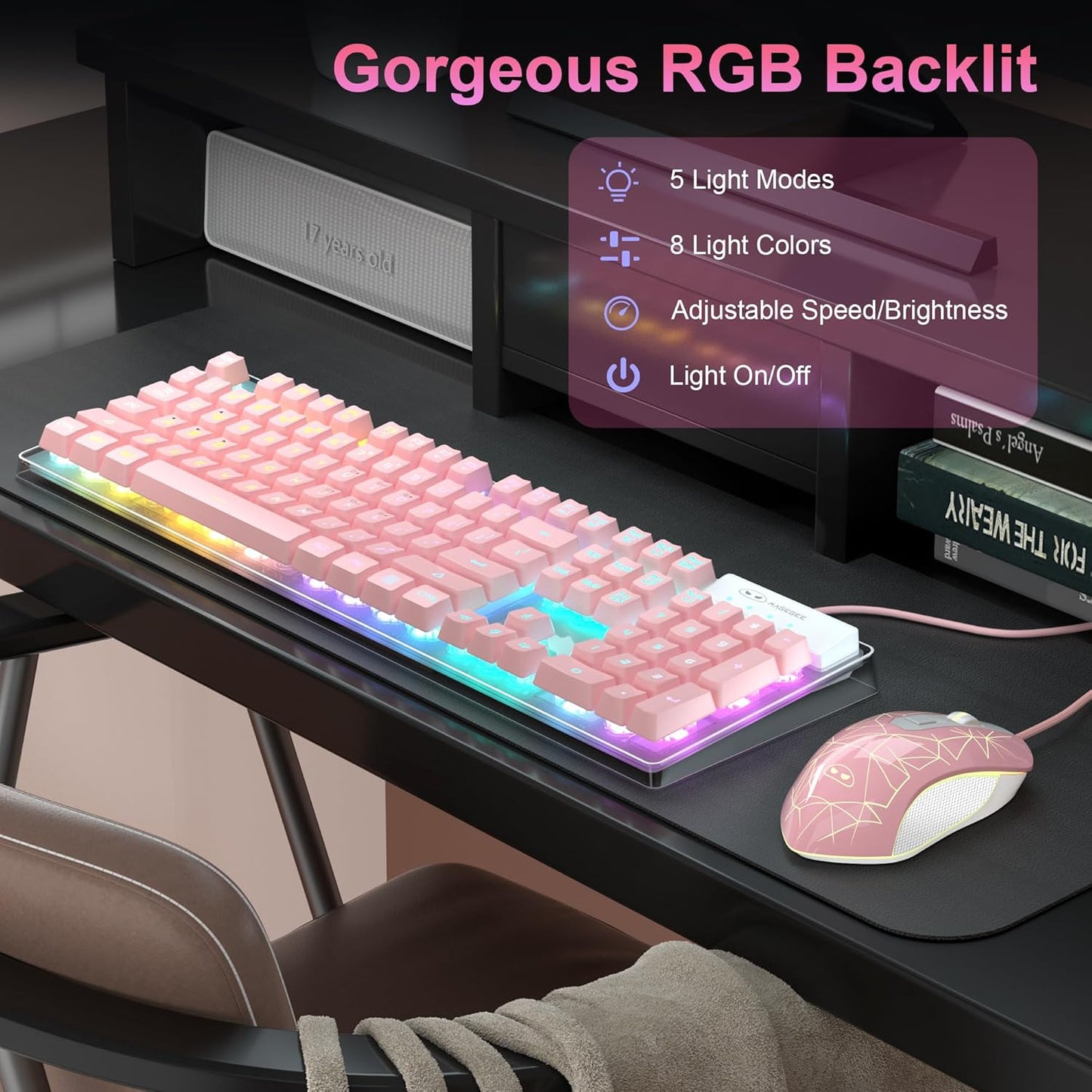 MageGee Pink RGB LED Backlit Keyboard and Mouse Combo Set for PC Gamers NEW