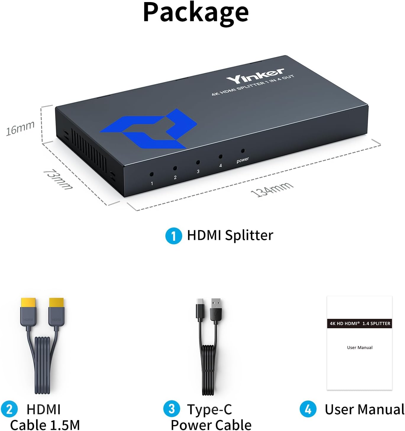 Yinker 4K HDMI Splitter 1 in 4 Out Slim for Multiple Monitors, Black DEMO