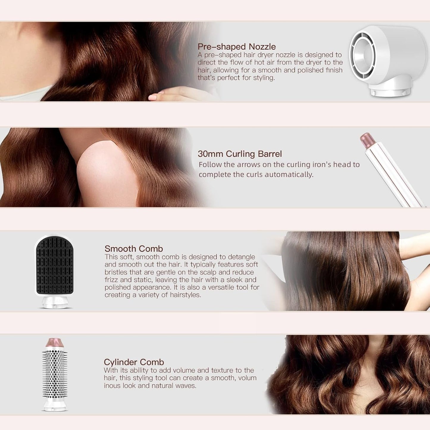 MIEARA 5-in-1 Ionic Hair Dryer Brush with Hot Air Curlers, Pink & White, DEMO