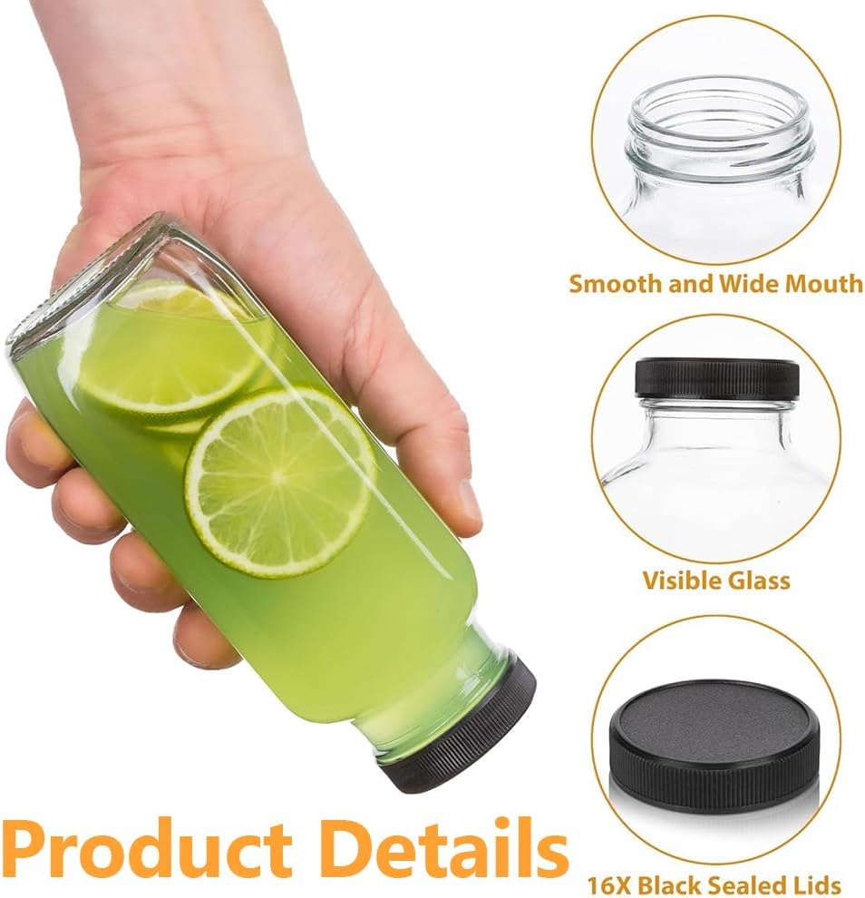 16oz Reusable Glass Drinking Jars with Airtight Plastic Lids Size 6.8 x NEW