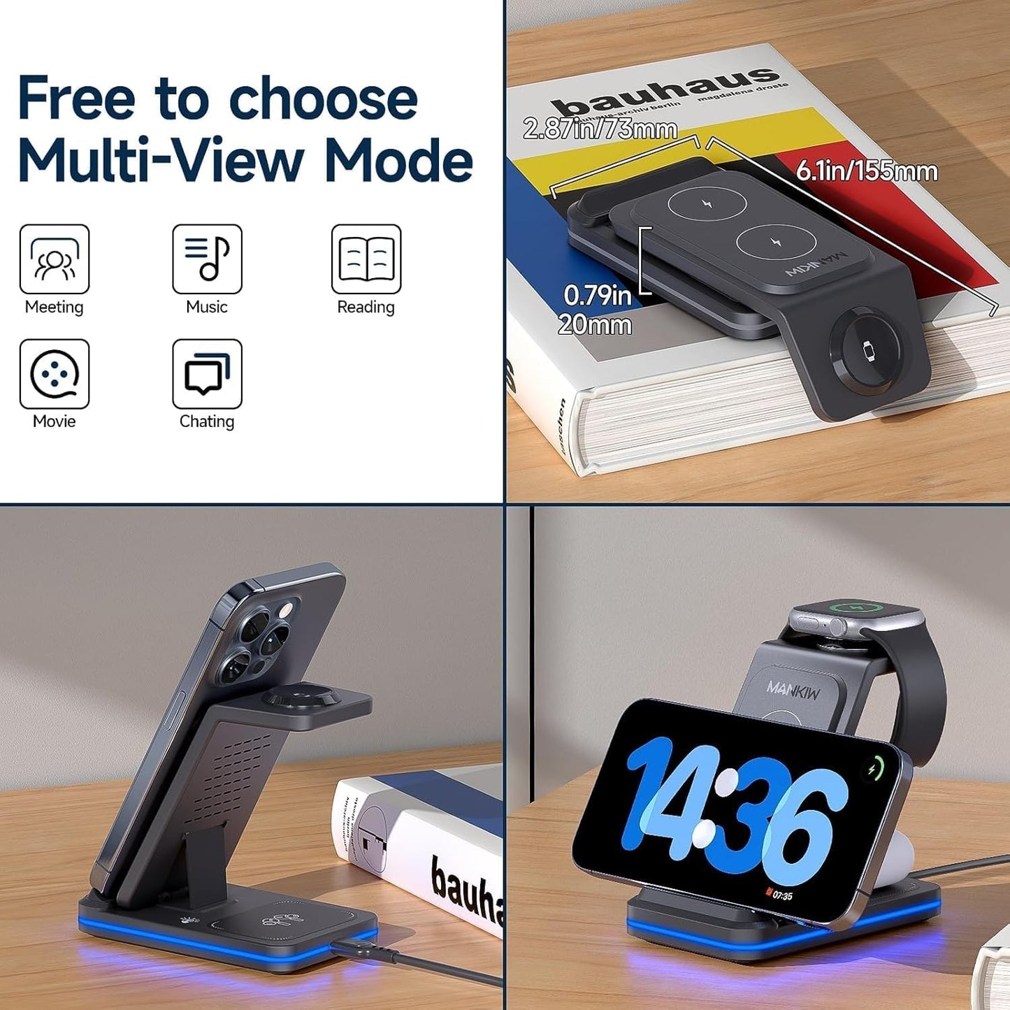 MANKIW 3-in-1 Wireless Charging Station for iPhone, Apple Watch & AirPods NEW