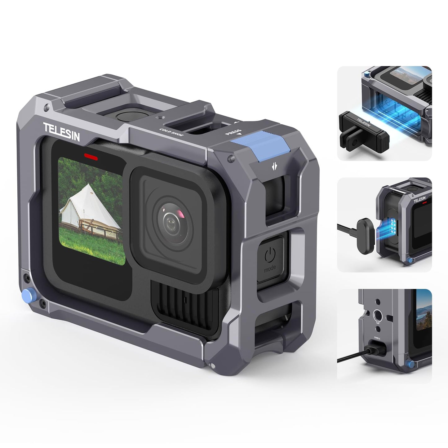 TELESIN Aluminum Alloy Cage Frame Housing for GoPro Action Cameras Black NEW