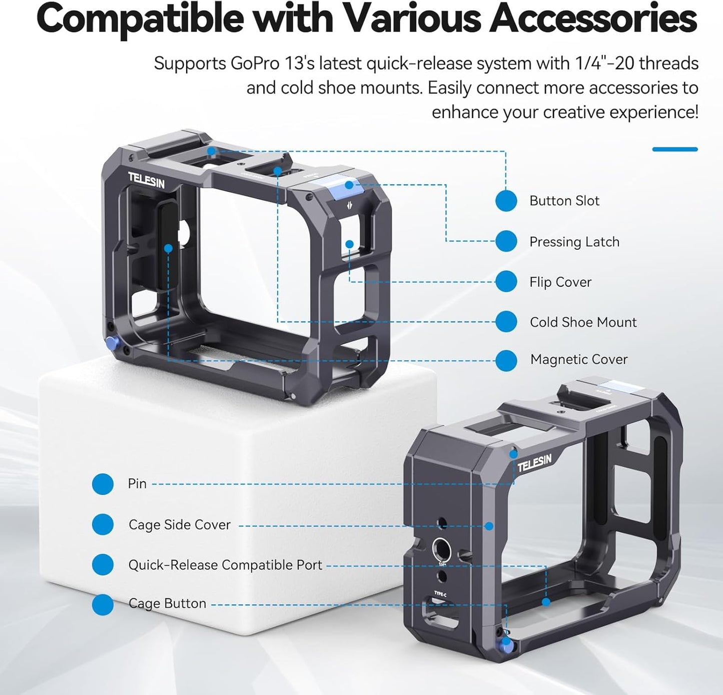 TELESIN Aluminum Alloy Cage Frame Housing for GoPro Action Cameras Black NEW