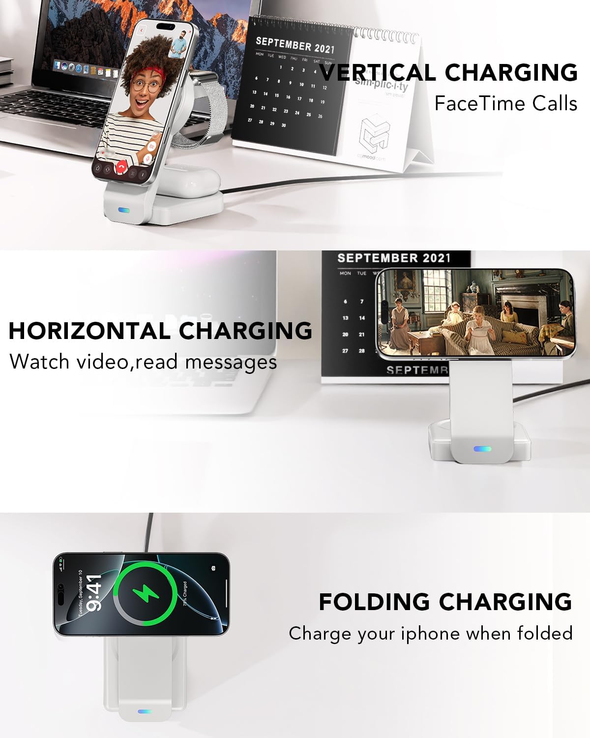 3-in-1 Wireless Charging Station with Foldable Magnetic Dock - White DEMO
