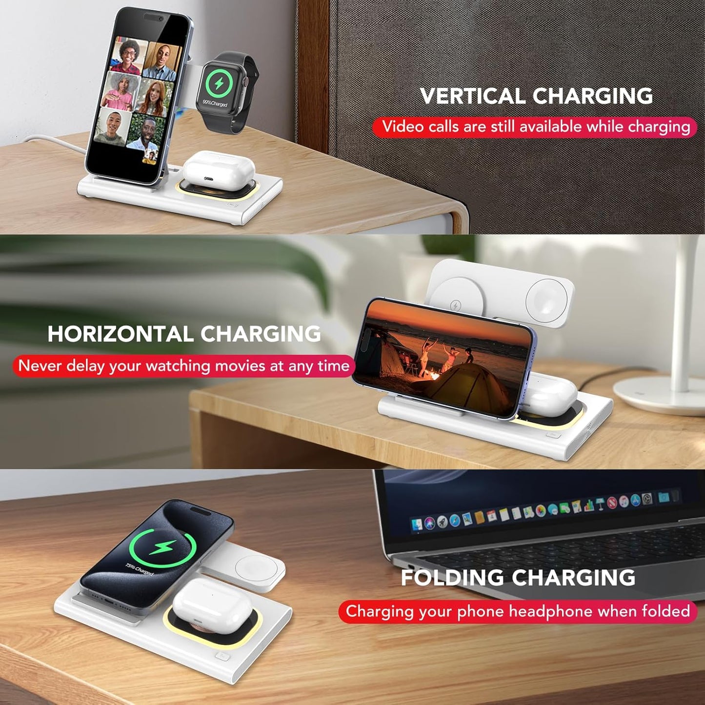 3-in-1 Foldable Fast Wireless Charging Station for Smartphones, White DEMO