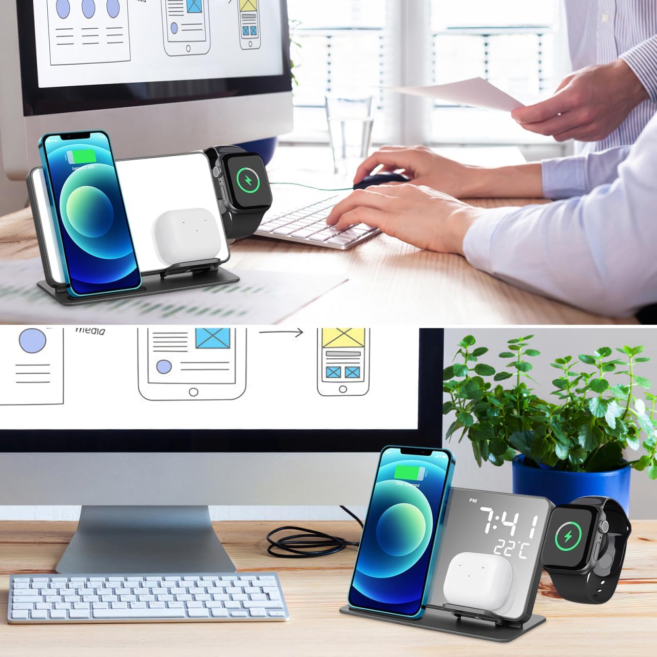 4-in-1 Wireless Charging Station with LED Lights for Qi Induction Chargers NEW