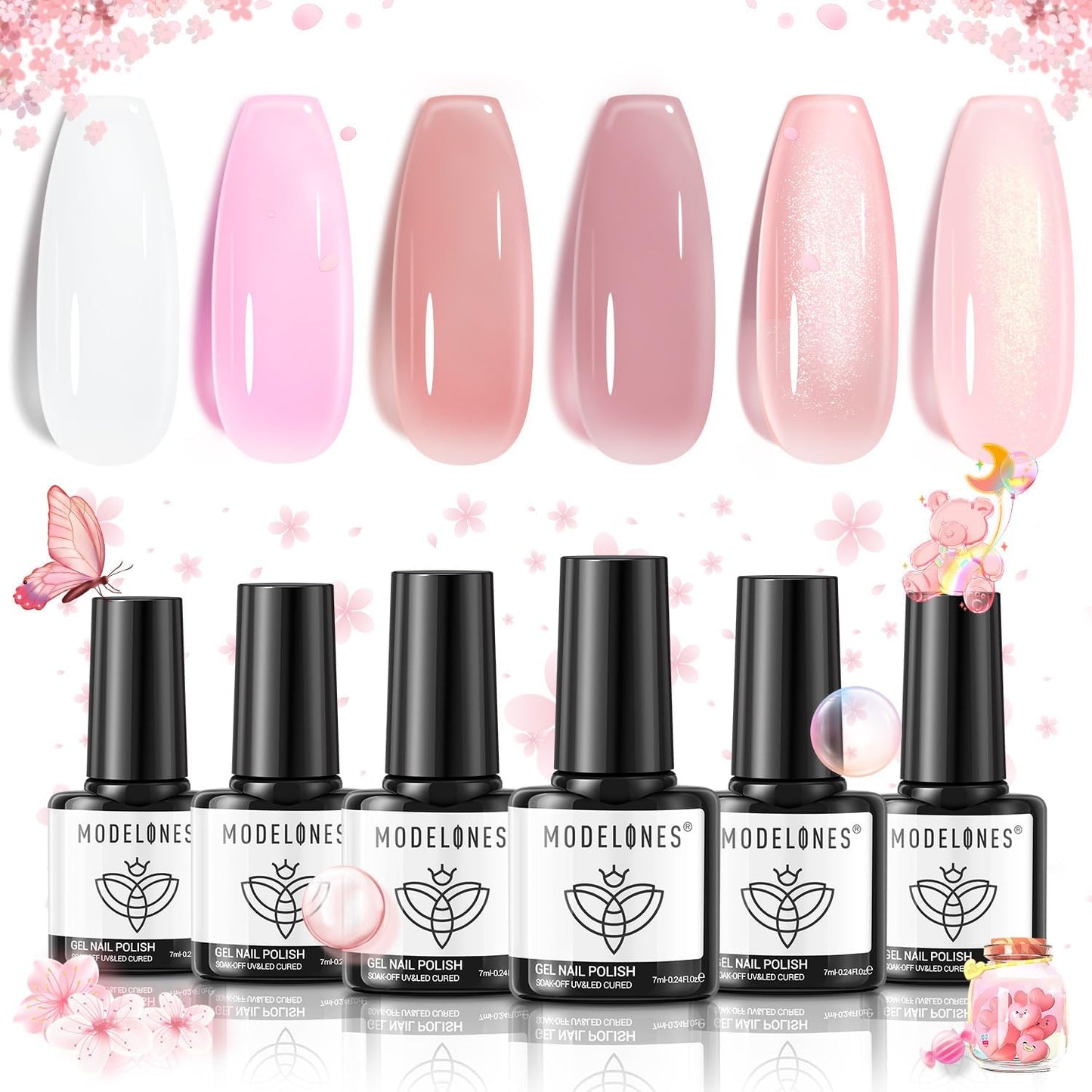 Modelones 6pcs Gel Nail Polish in Jelly Nude Pink Neutral Milky Shades NEW