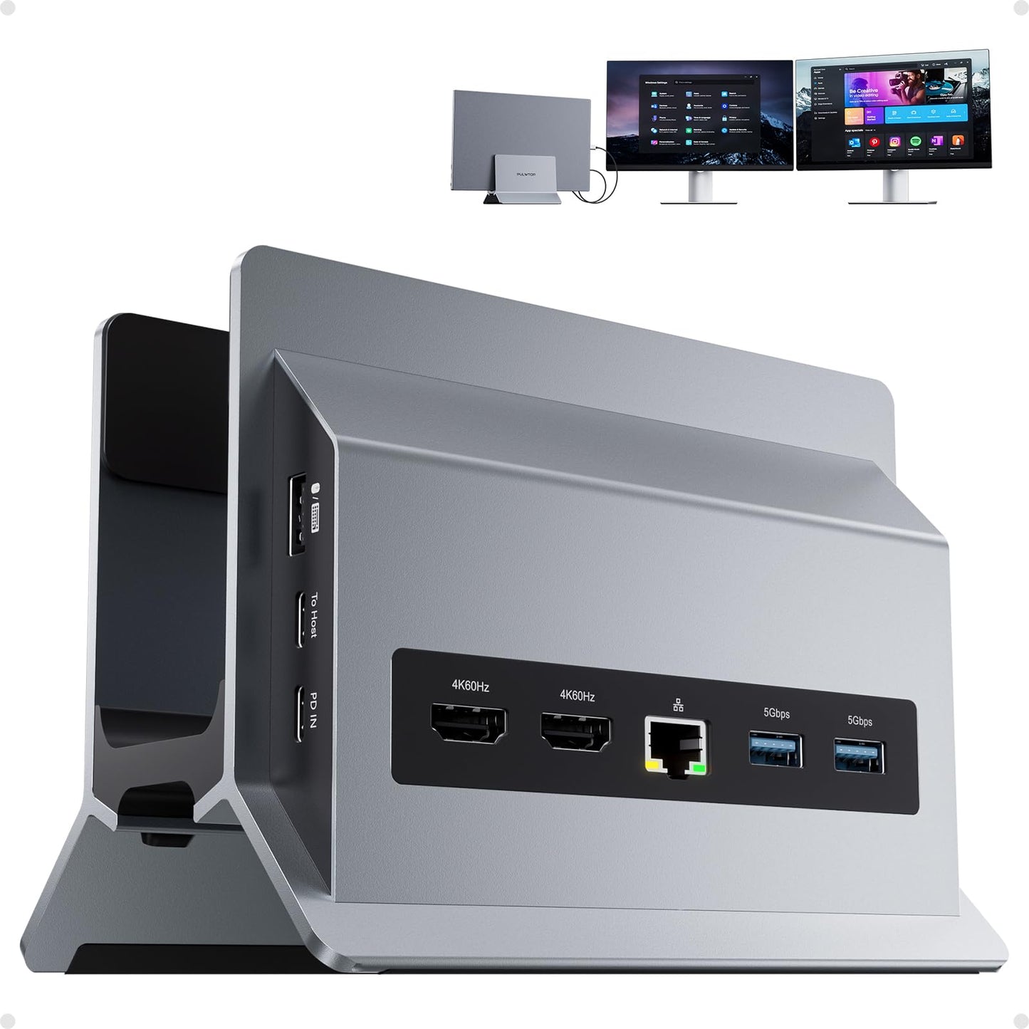 PULWTOP 11-in-1 Vertical USB-C Docking Station for Dual Monitors in Grey NEW