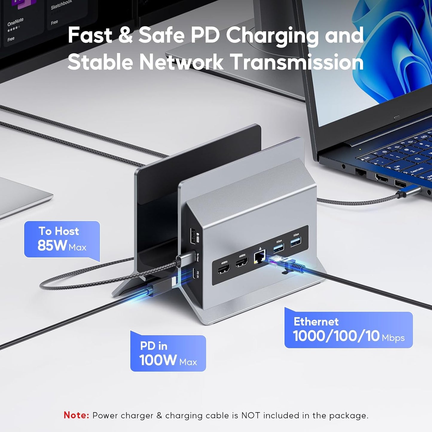 PULWTOP 11-in-1 Vertical USB-C Docking Station for Dual Monitors in Grey NEW