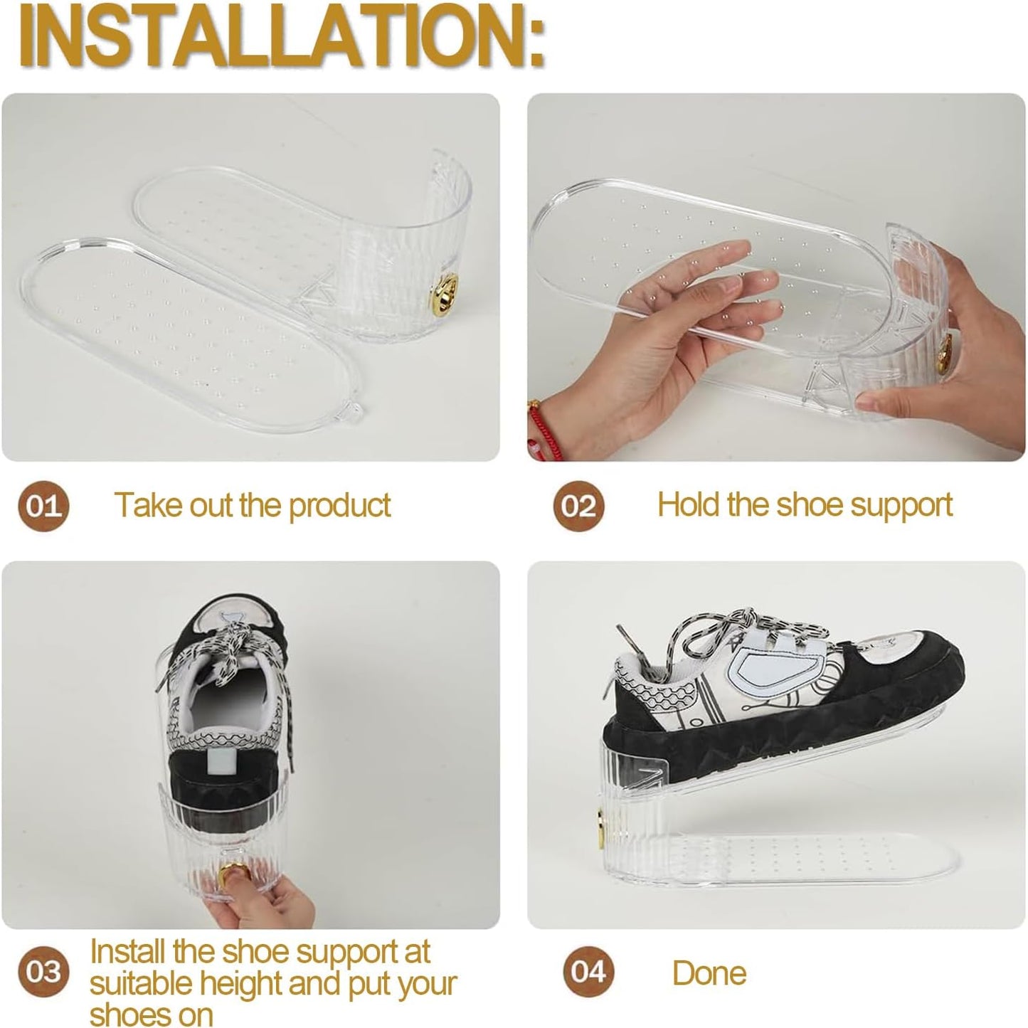 Adjustable Clear & Gold Plastic Shoe Slots Organizer Stacker, 6 Pieces Size NEW