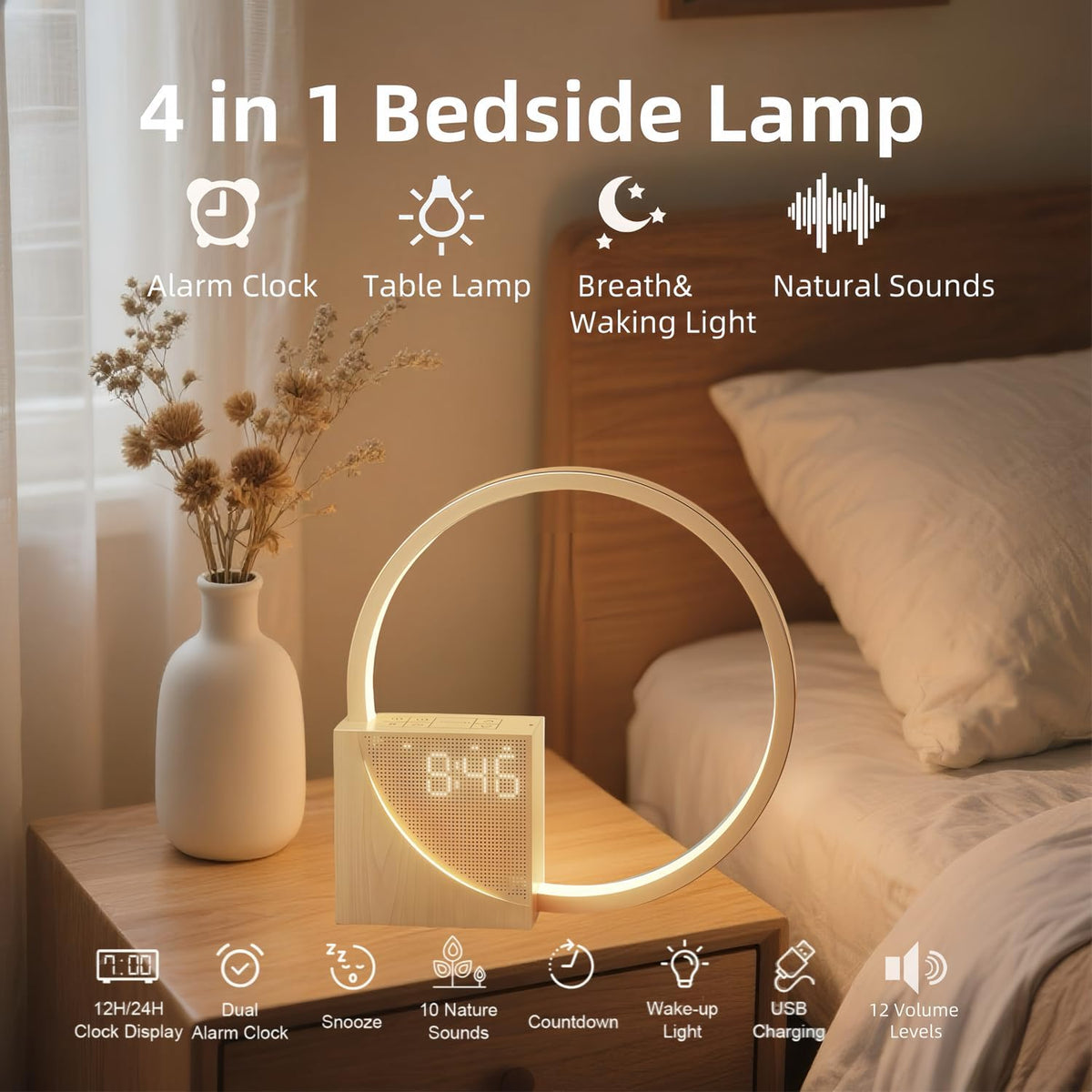 Wooden Electronic Alarm Clock Bedside Lamp with Natural Sounds Home Decor NEW