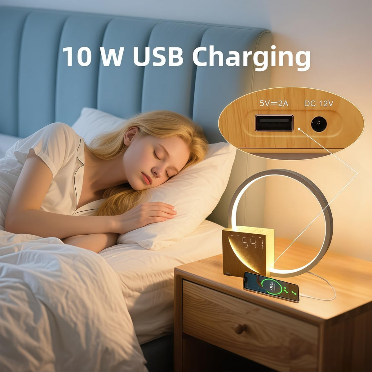 Wooden Electronic Alarm Clock Bedside Lamp with Natural Sounds Home Decor NEW