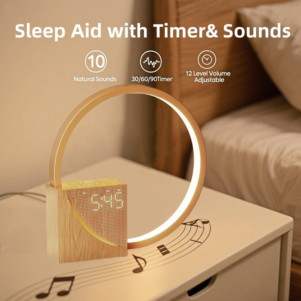 Wooden Electronic Alarm Clock Bedside Lamp with Natural Sounds Home Decor NEW