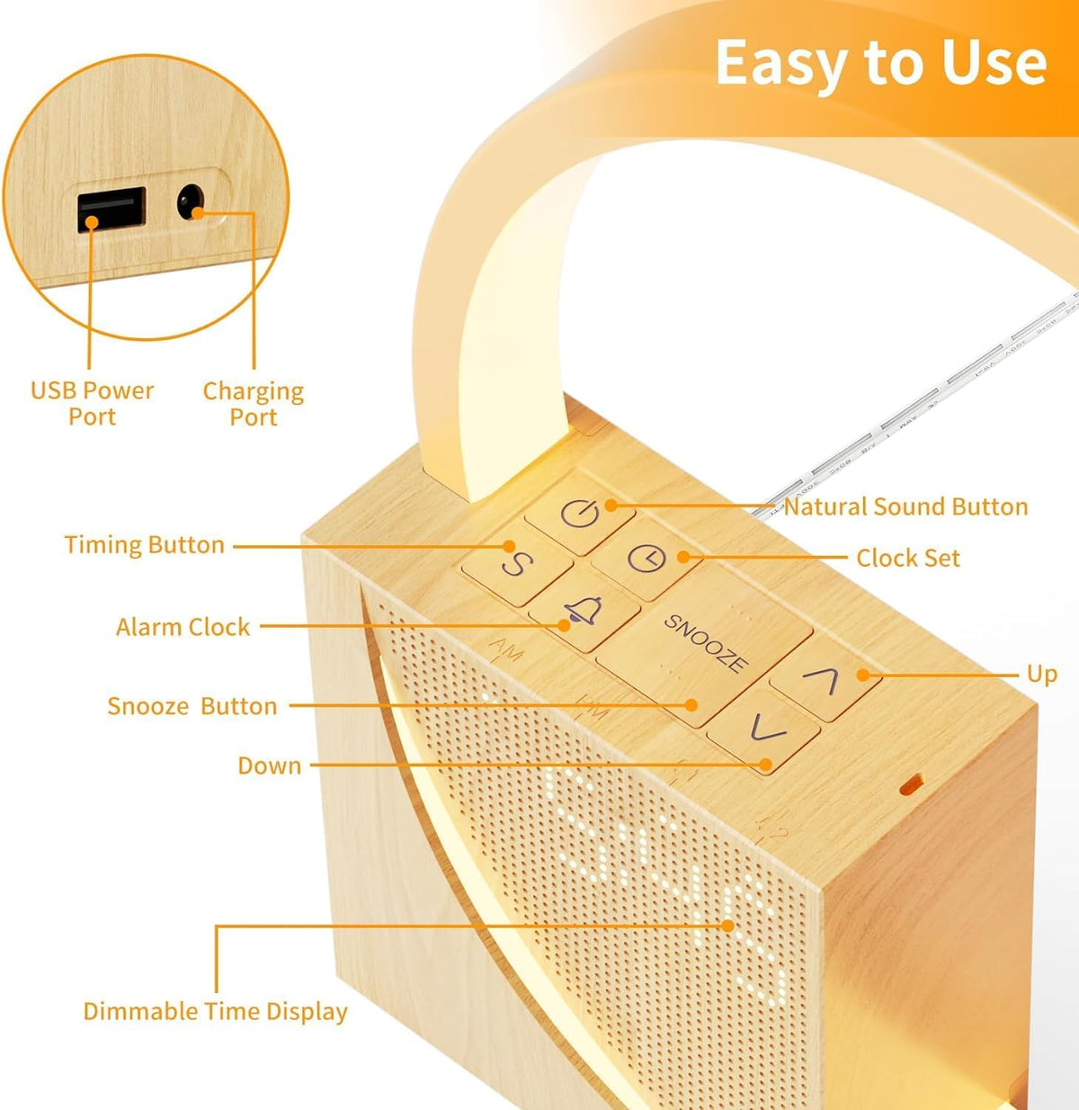 Wooden Electronic Alarm Clock Bedside Lamp with Natural Sounds Home Decor NEW