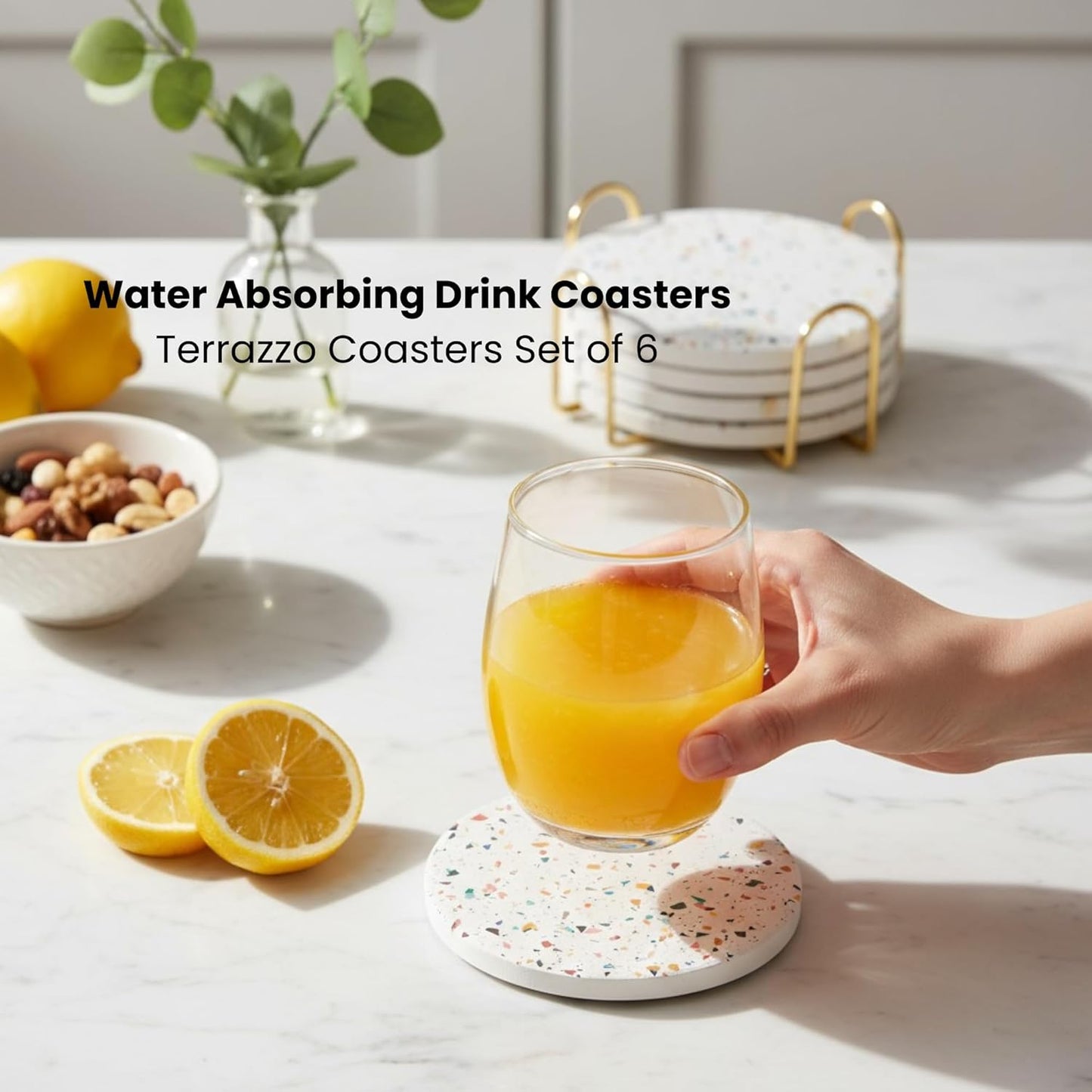 ilohaus Terrazzo Ceramic Absorbent Coasters Set of 6 with Holder - NEW