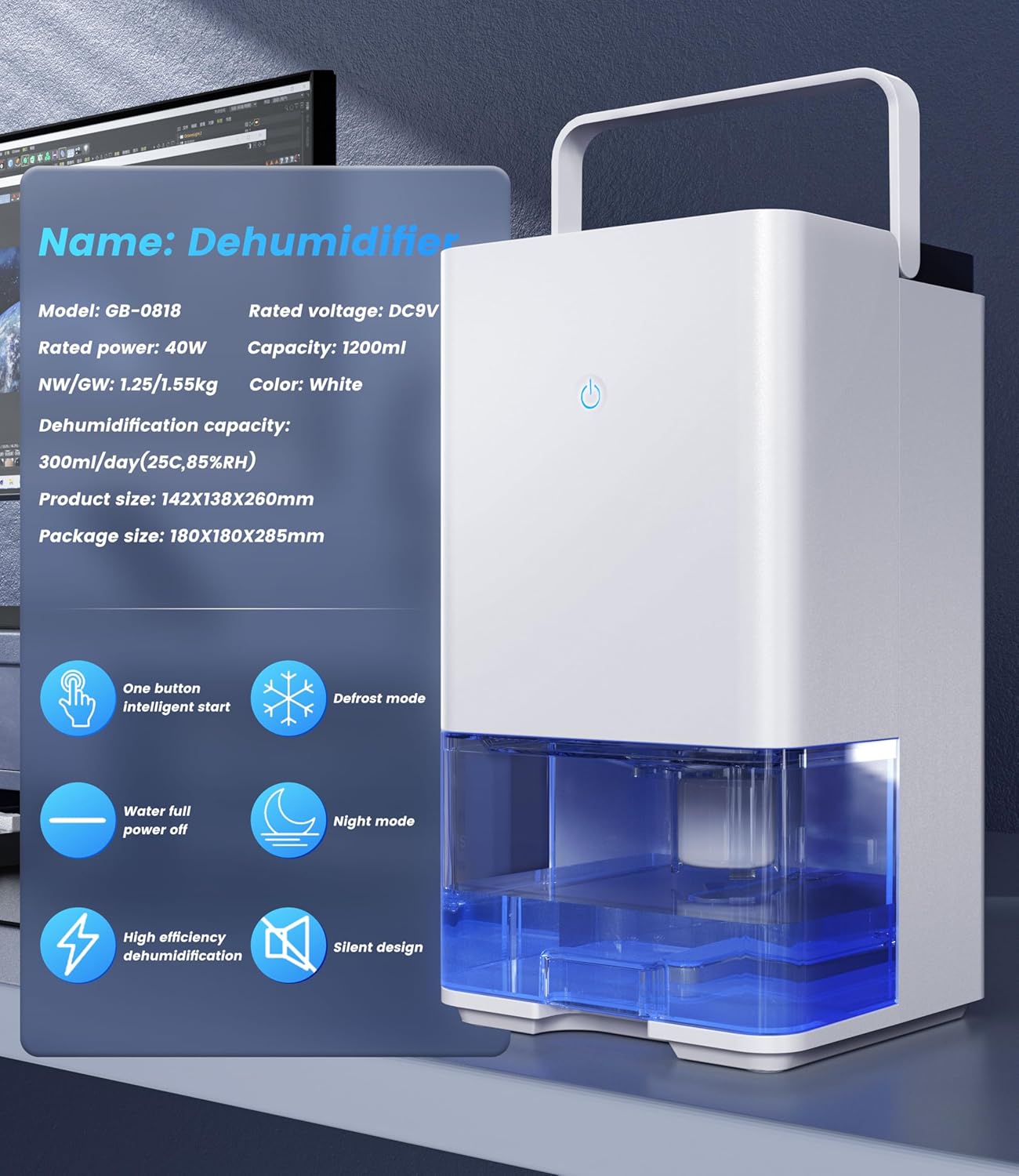 1200ml Electric Dehumidifier for Mold Removal - Quiet Operation, White DEMO