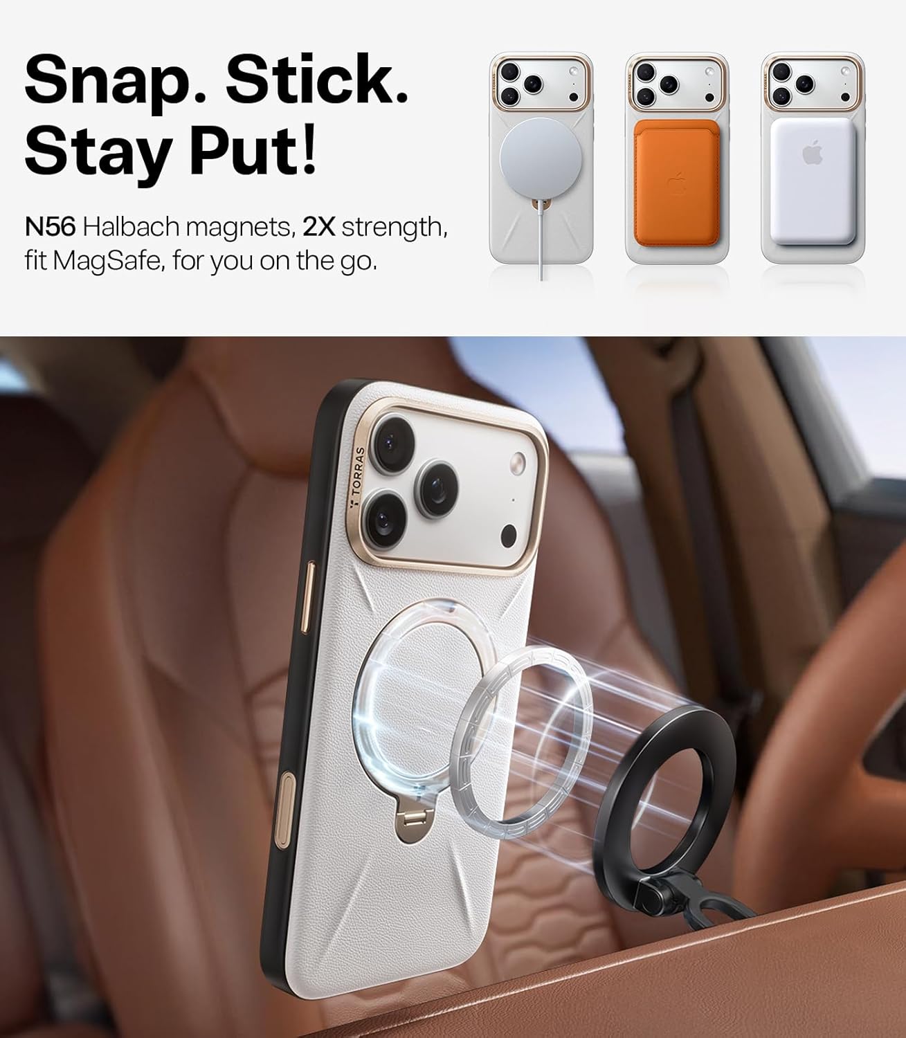 TORRAS Leather Phone Case with Stand for iPhone 17 Pro, Cloud White Size NEW