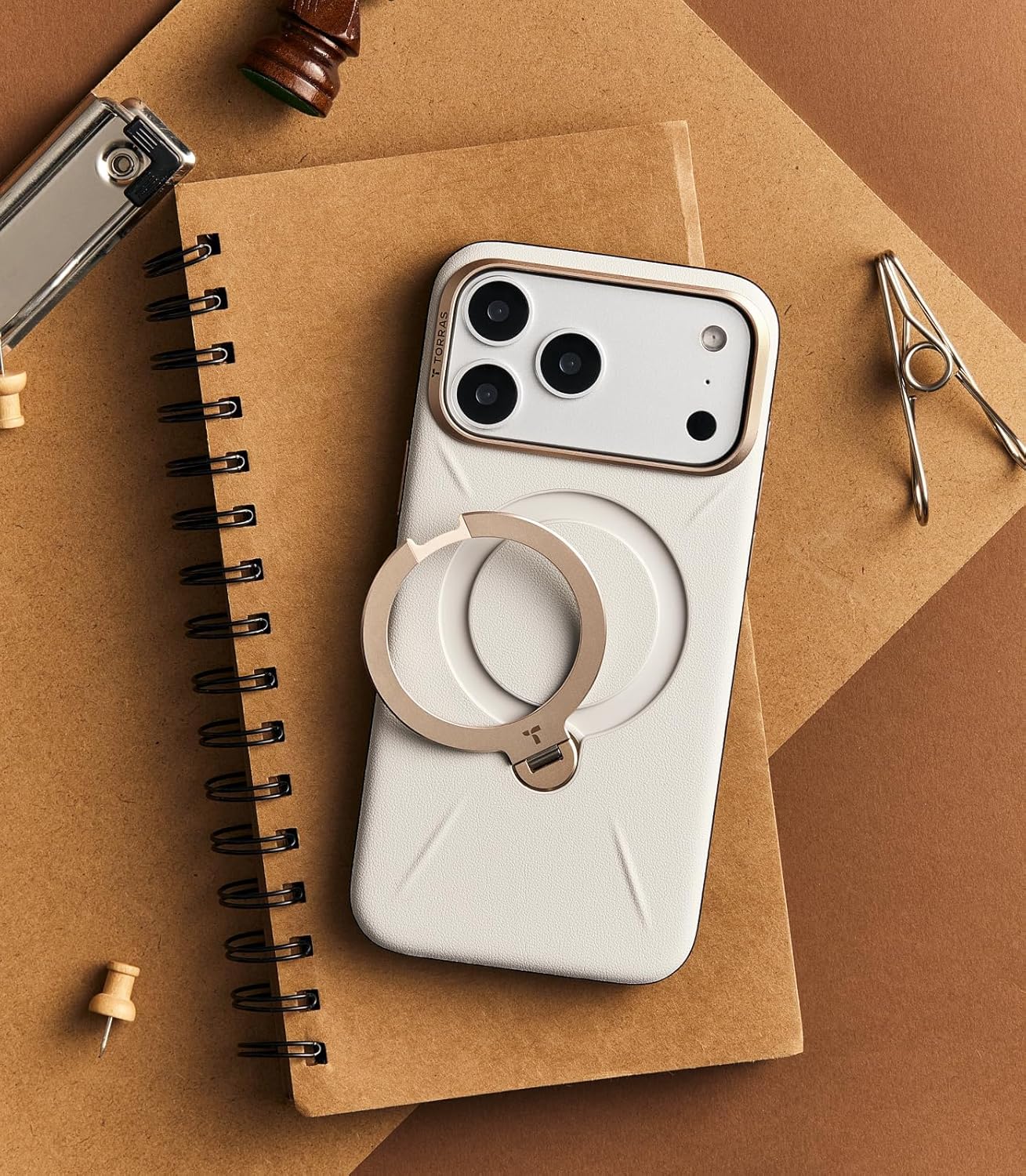 TORRAS Leather Phone Case with Stand for iPhone 17 Pro, Cloud White Size NEW