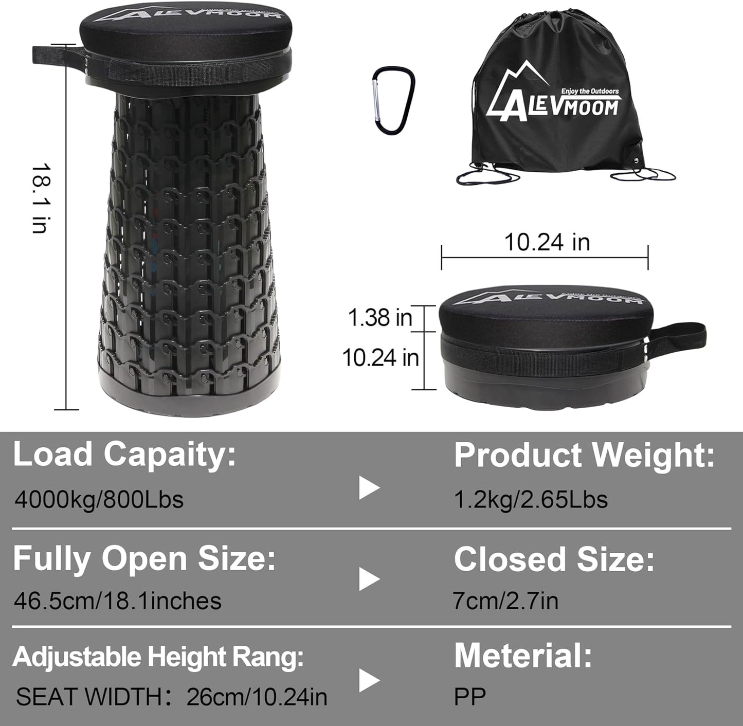 ALEVMOOM Collapsible Camping Stool with Thick Cushion 800Lbs Capacity Size DEMO
