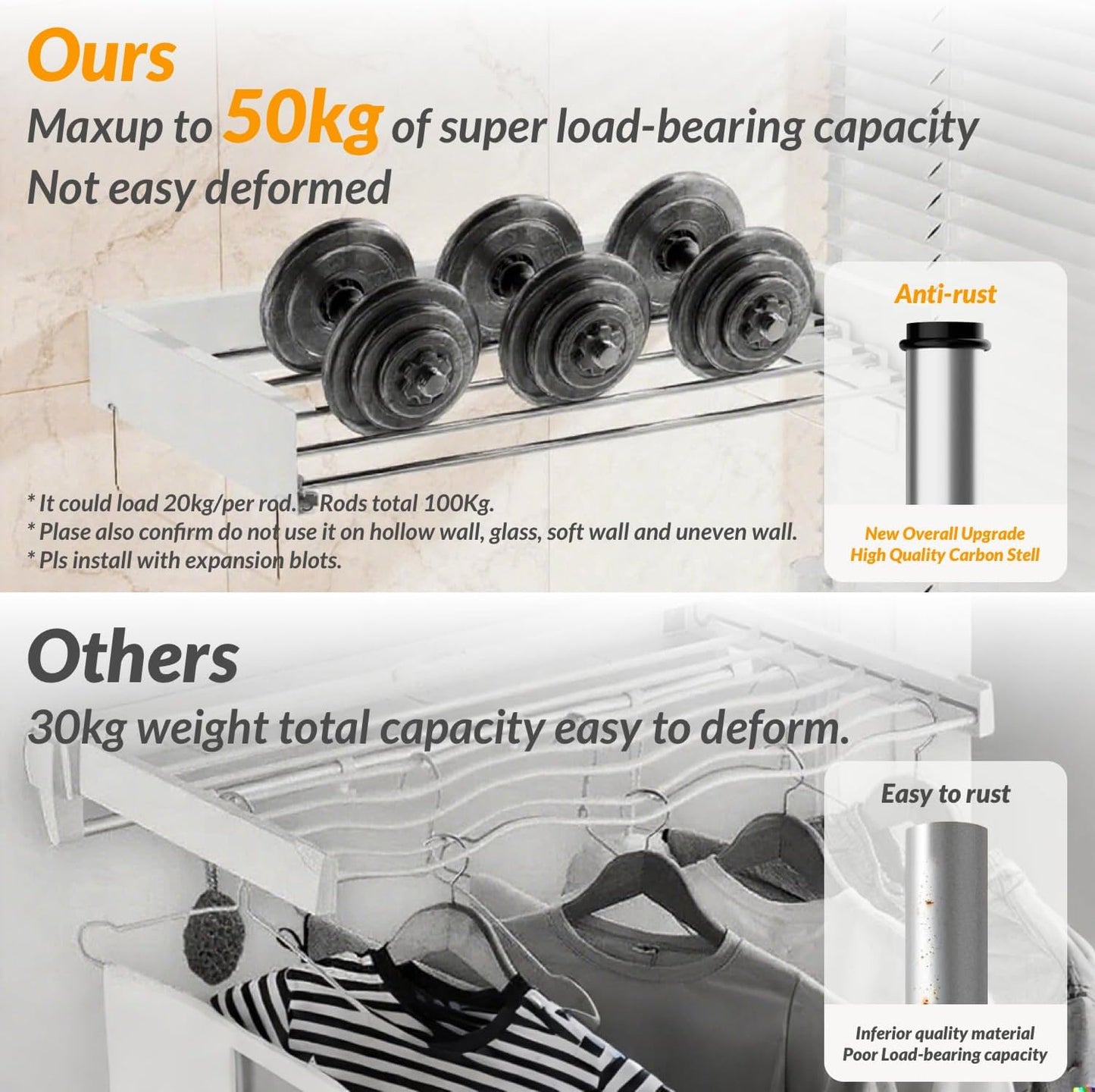 Wall-Mounted Dry Rack Foldable Clothes Line Laundry Drying Storage 100cm NEW