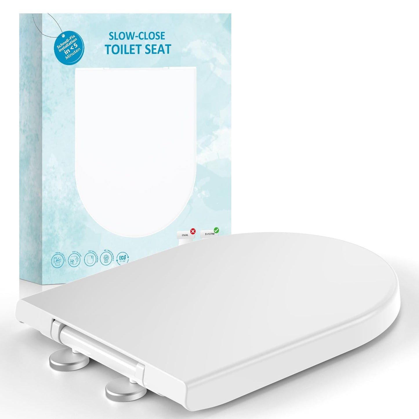 D-Shape Soft Close White Toilet Seat with Quiet Closing Mechanism Size DEMO