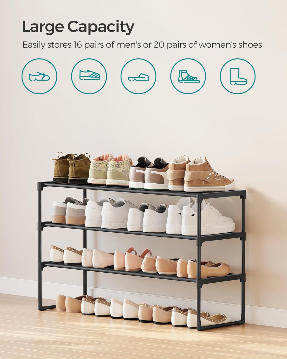 SONGMICS 3-Tier Free Standing Shoe Organizer Rack Metal Storage Shelf Size NEW