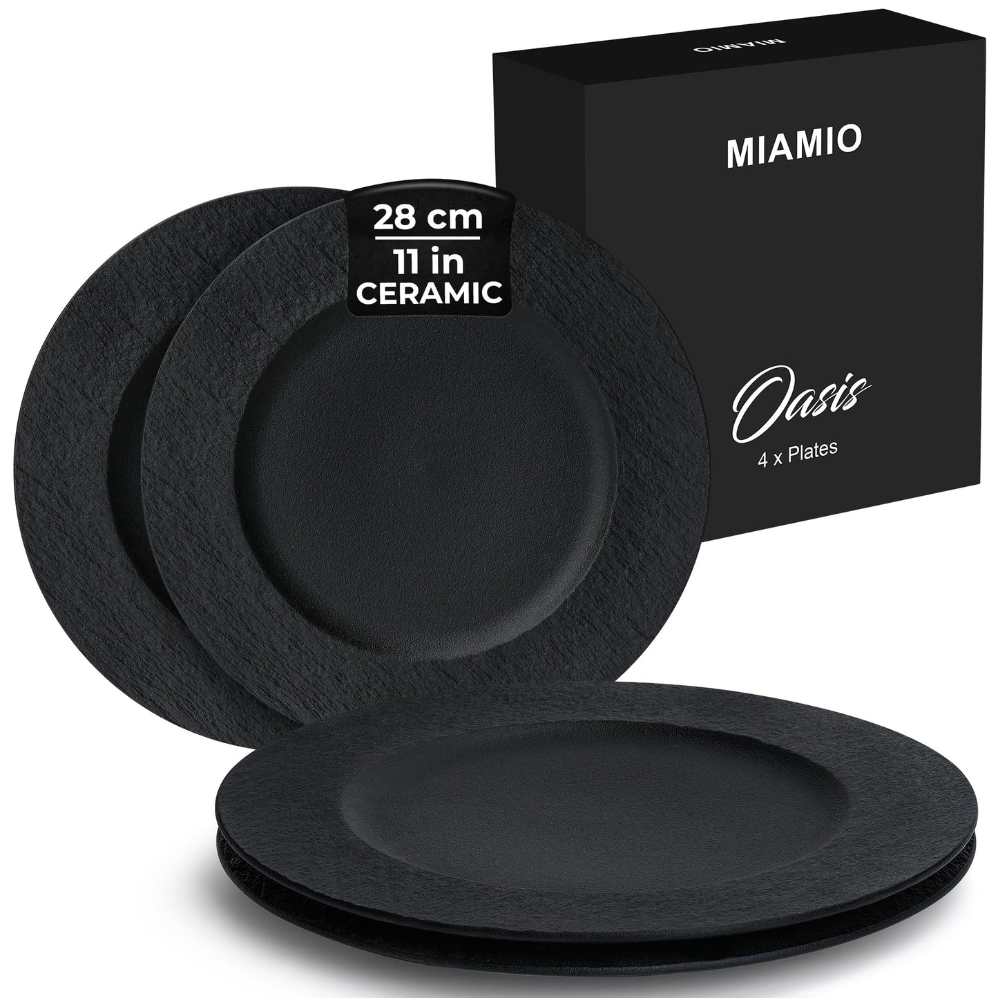 MIAMIO Modern Black Ceramic Dinner Plates Set of 4, Large 28cm / 11" NEW
