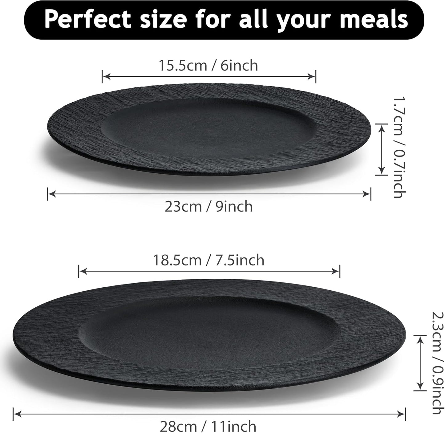 MIAMIO Modern Black Ceramic Dinner Plates Set of 4, Large 28cm / 11" NEW