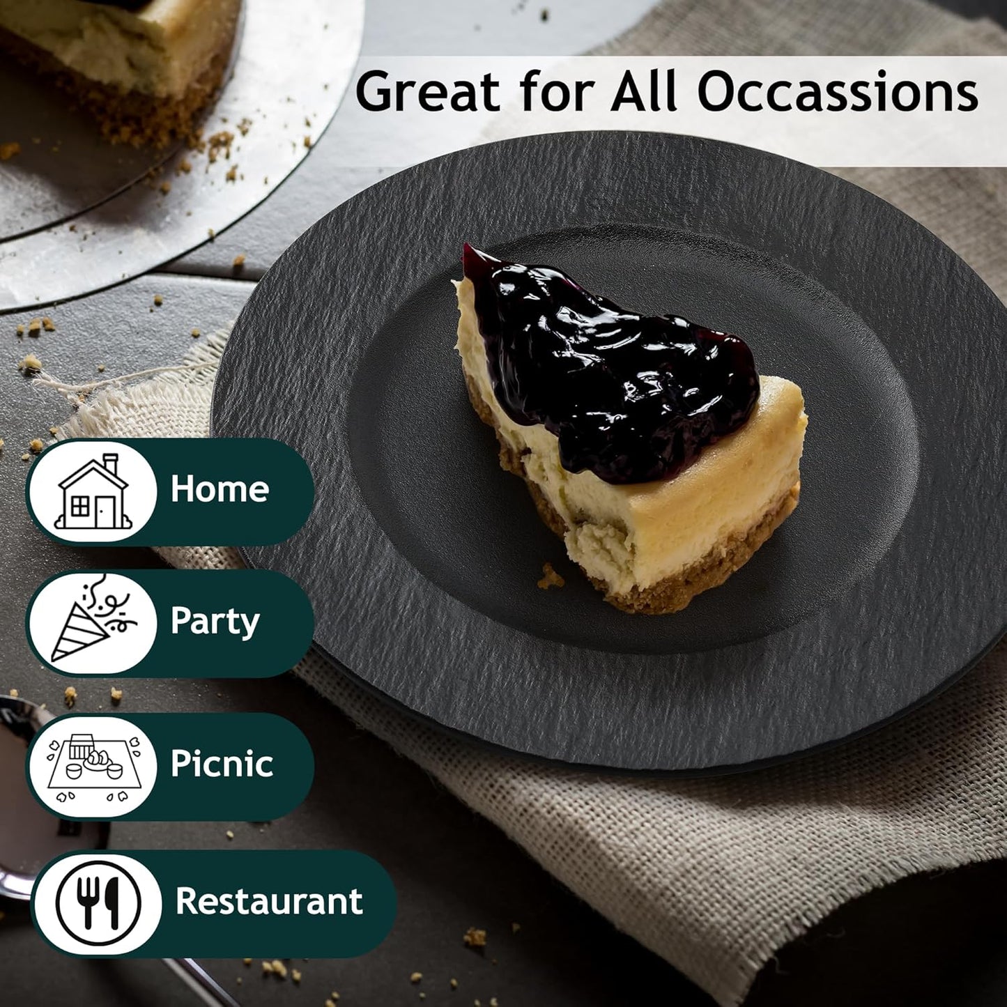 MIAMIO Modern Black Ceramic Dinner Plates Set of 4, Large 28cm / 11" NEW