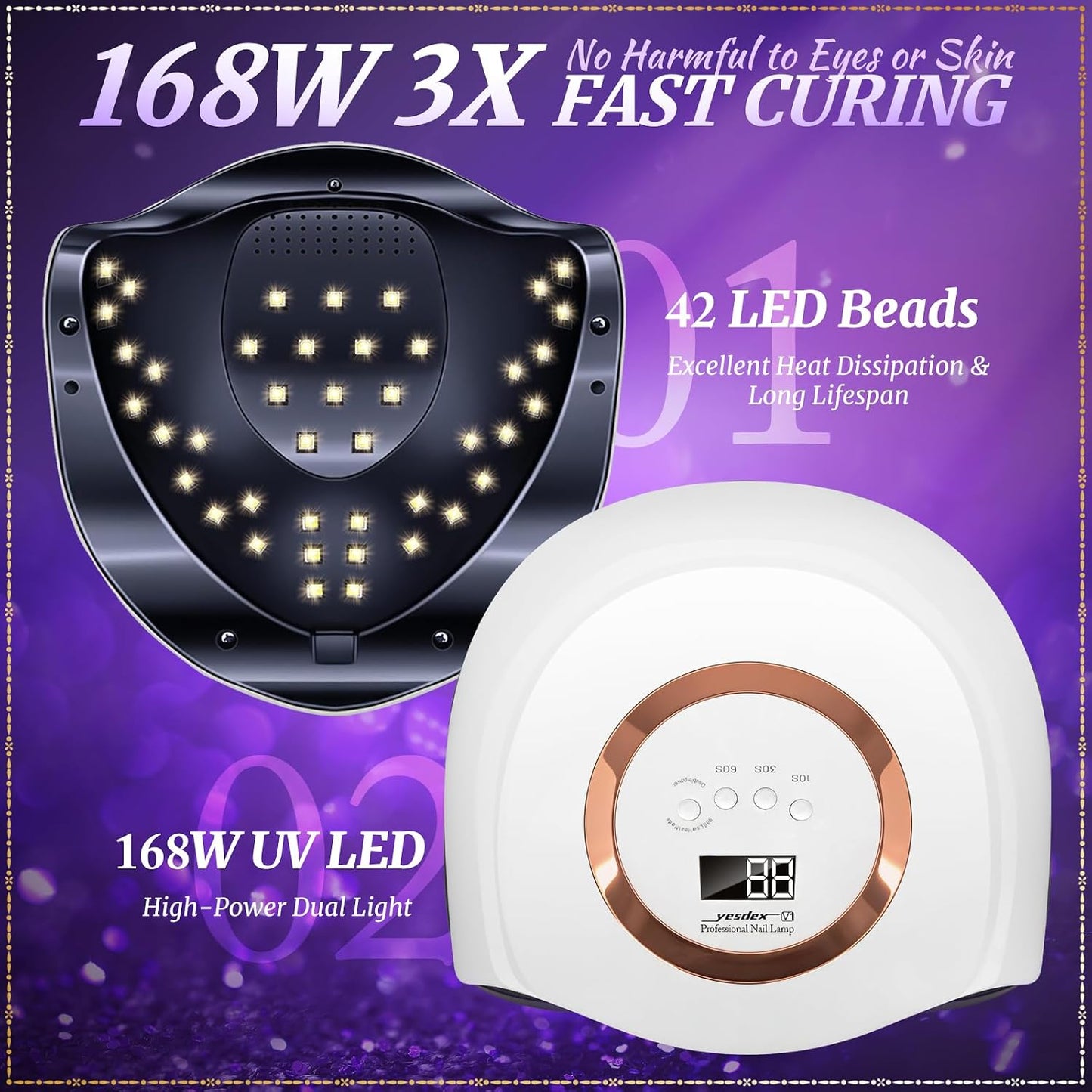 YESDEX 168W UV LED Nail Lamp Fast Gel Polish Dryer 42 LEDs 4 Timer White & NEW
