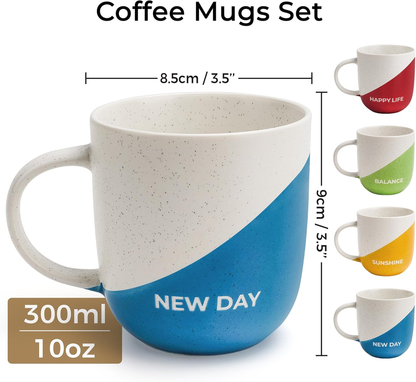 MIAMIO Inspirational Ceramic Coffee Mugs Set of 4 in Multicoloured 300ml NEW