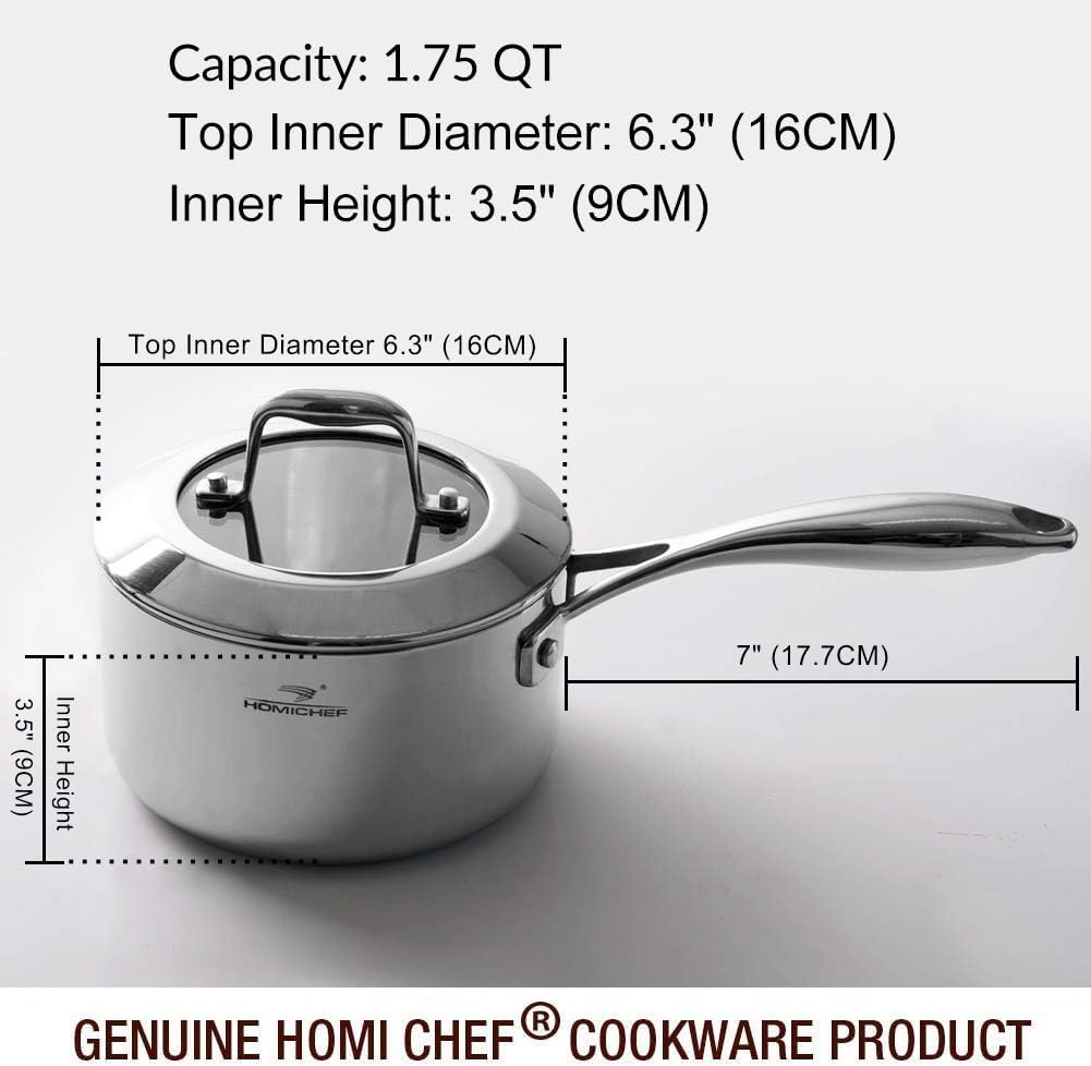 HOMICHEF Stainless Saucepans Steel Saucepan, 1.7L Capacity, Shiny Silver NEW