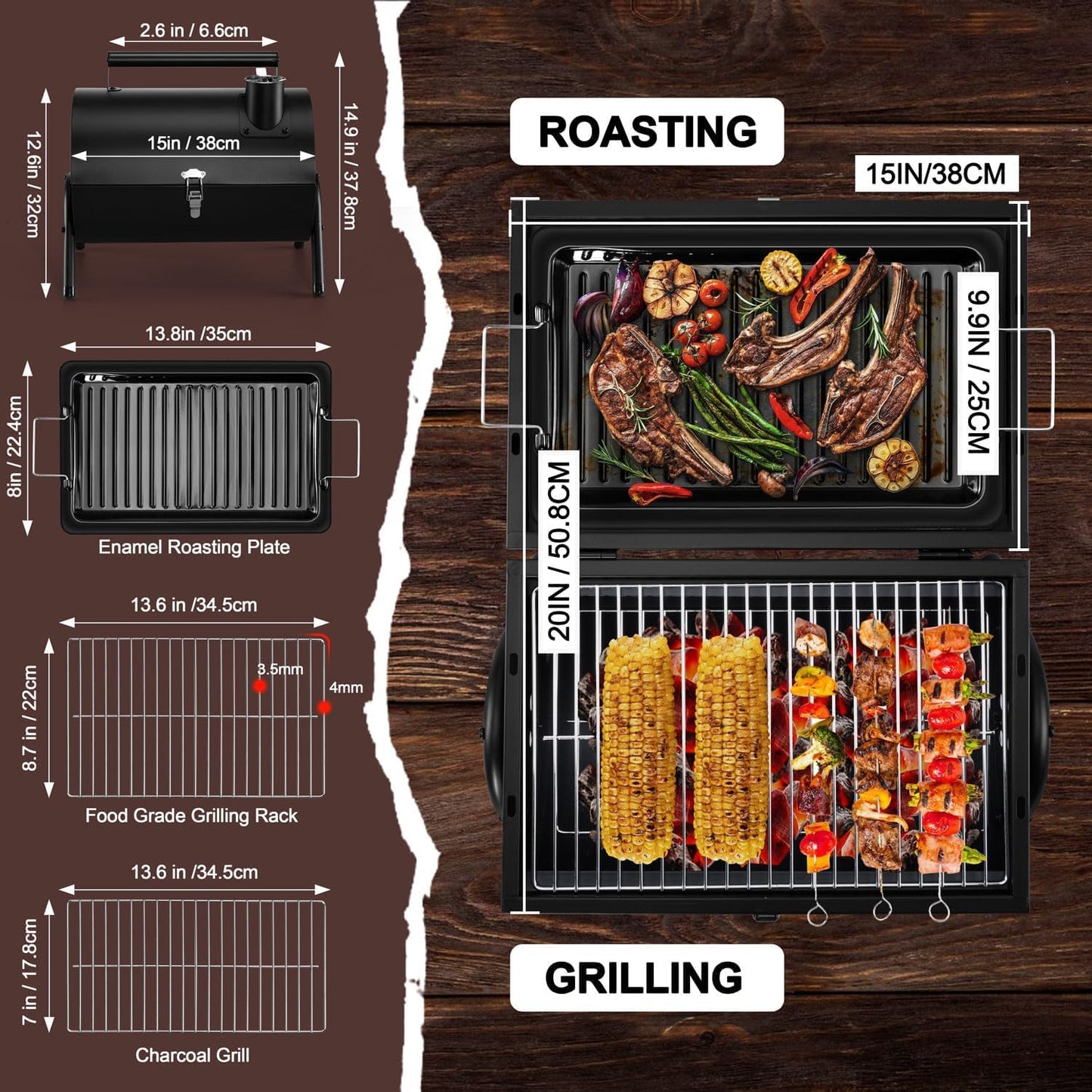 Portable Charcoal Grill with Thermometer Tabletop Barbecue for 2-3 People NEW