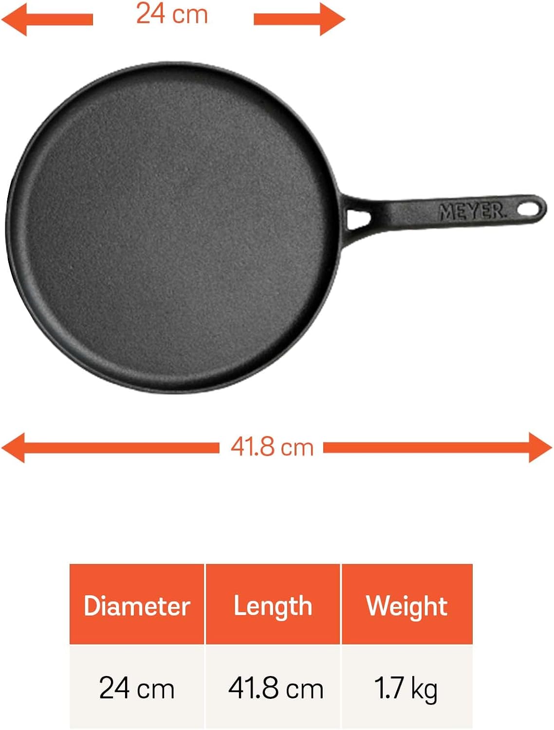 Meyer 24cm Pre-Seasoned Cast Iron Crepe and Pancake Pan Heavy Duty Flat NEW