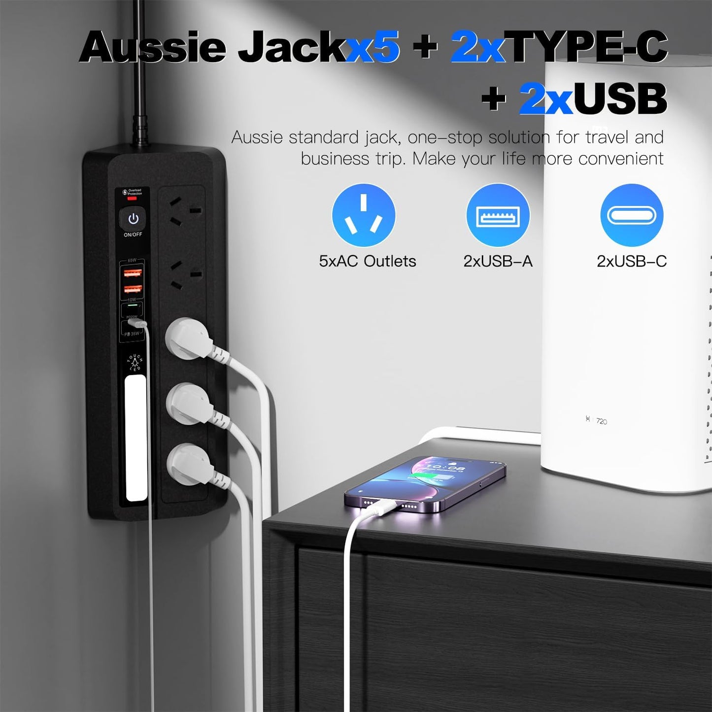 Black Power Strip with 3 USB Ports, Fast Charging, Desk Surge Protector NEW